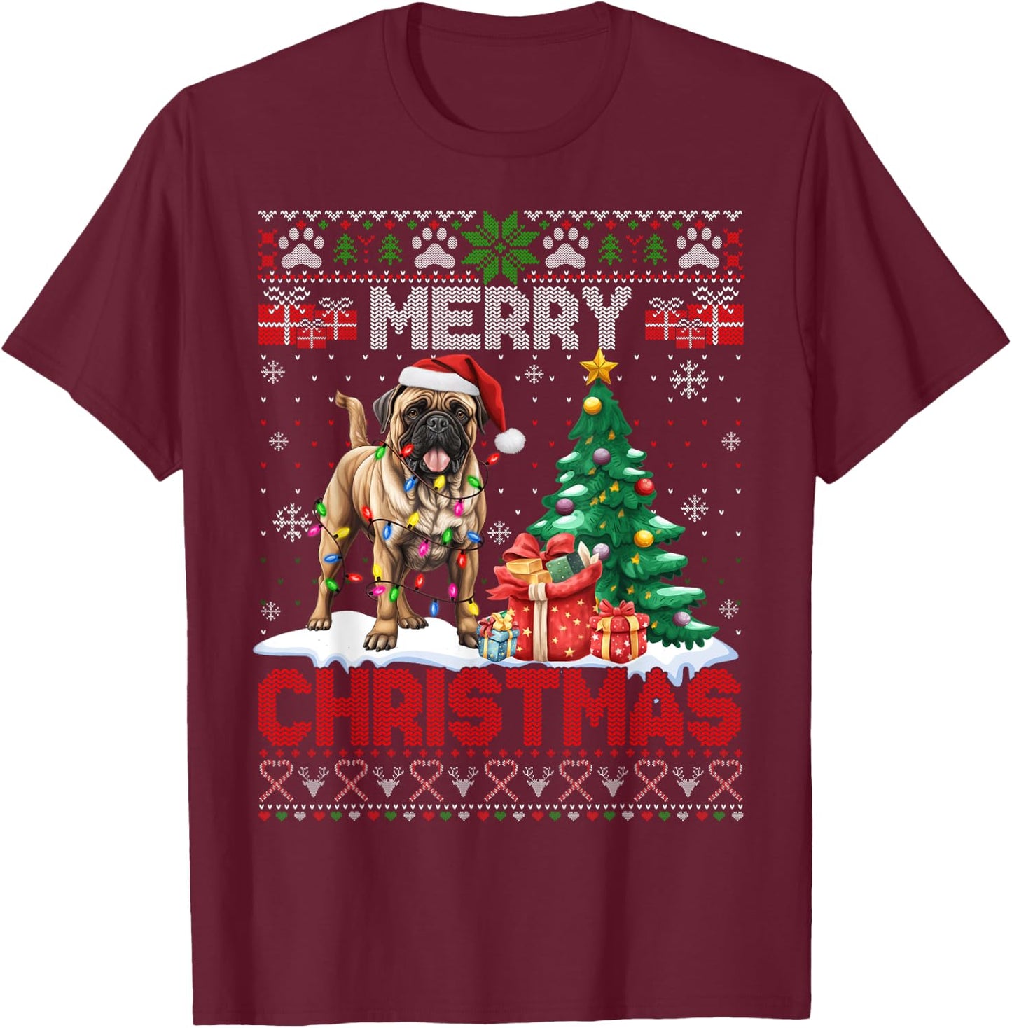 Merry Christmas Bullmastiff Lovers Family Ugly Xmas Sweater T-Shirt - T-Shirt | Maroon