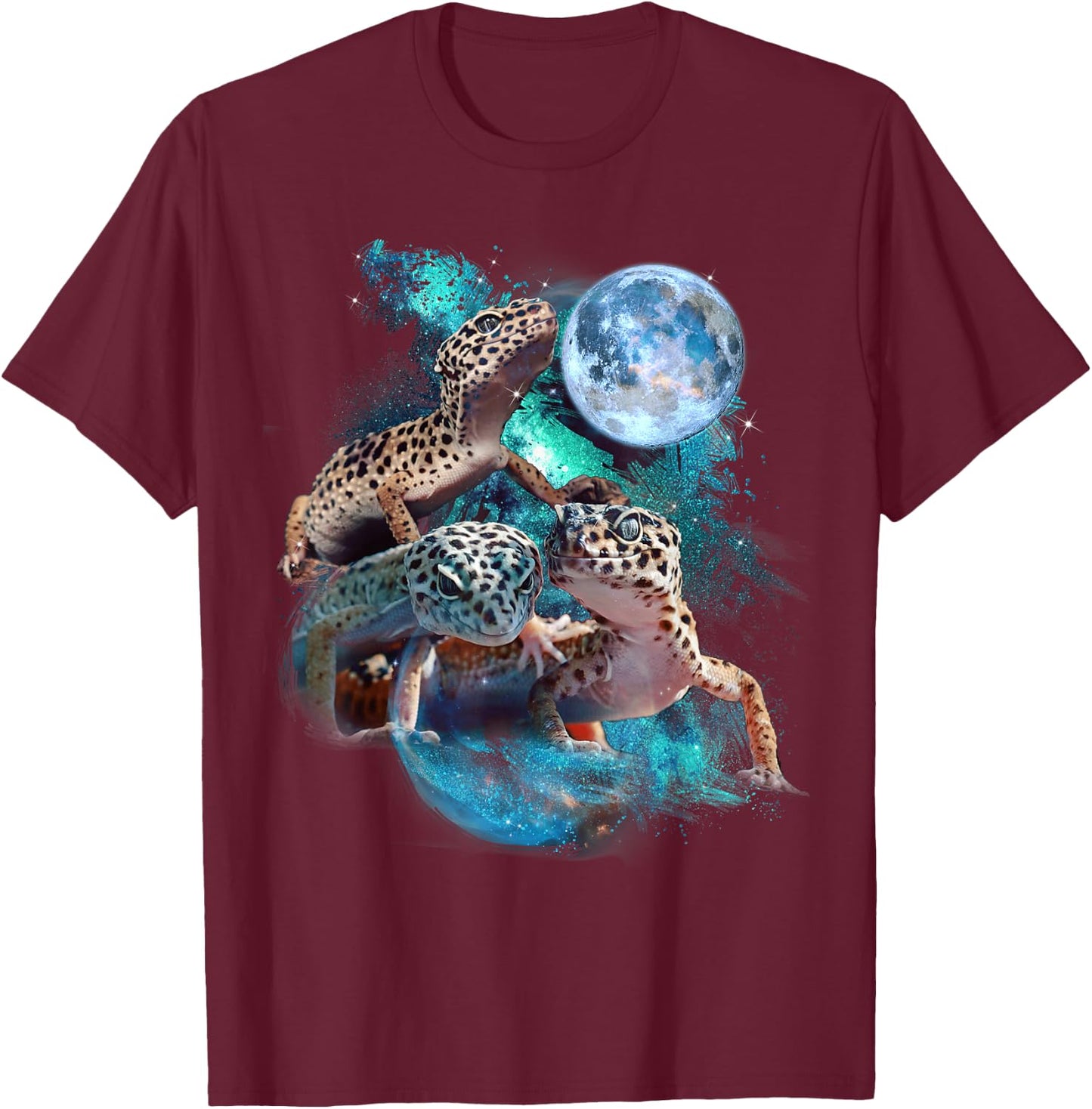 3 Moon Gecko Funny Reptile Leopard Lizard Geckos Art Novelty T-Shirt - T-Shirt | Maroon
