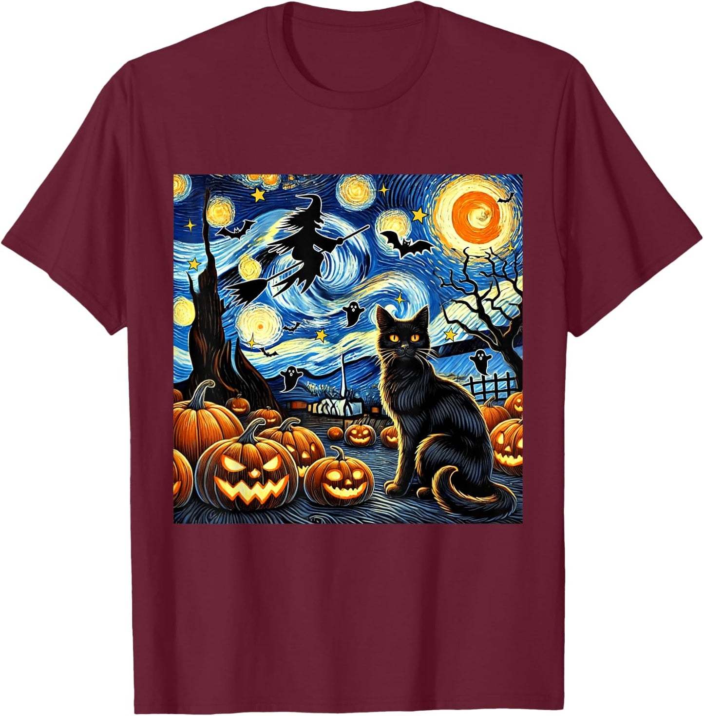 Halloween Cat Van Gogh Starry Night Witch Bats Pumpkin Women Kids T-Shirt - T-Shirt | Maroon