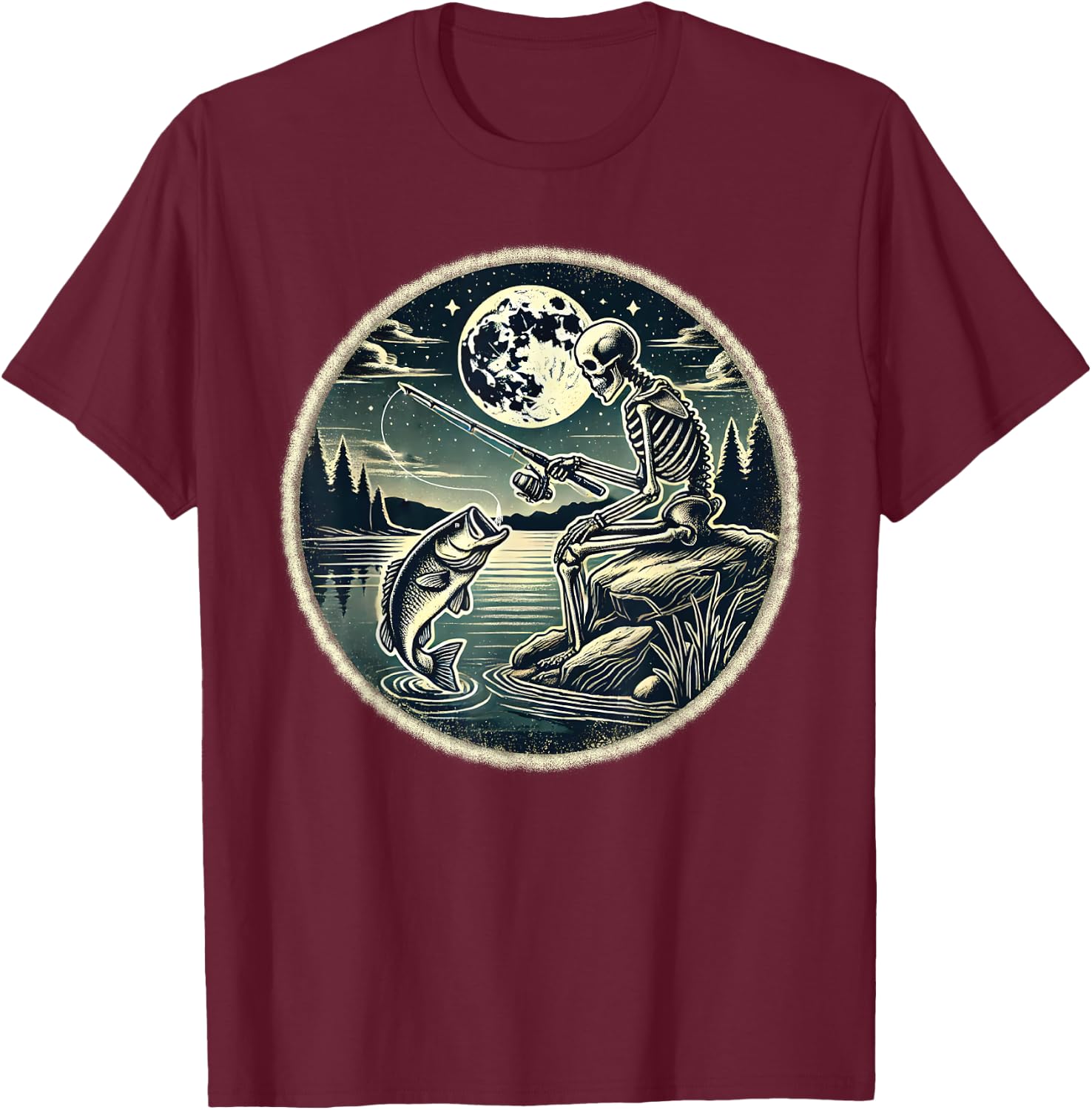 Halloween Skeleton Fishing Costume Fisherman Men Boys Kids T-Shirt - T-Shirt | Maroon