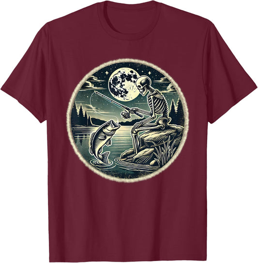 Halloween Skeleton Fishing Costume Fisherman Men Boys Kids T-Shirt - T-Shirt | Maroon