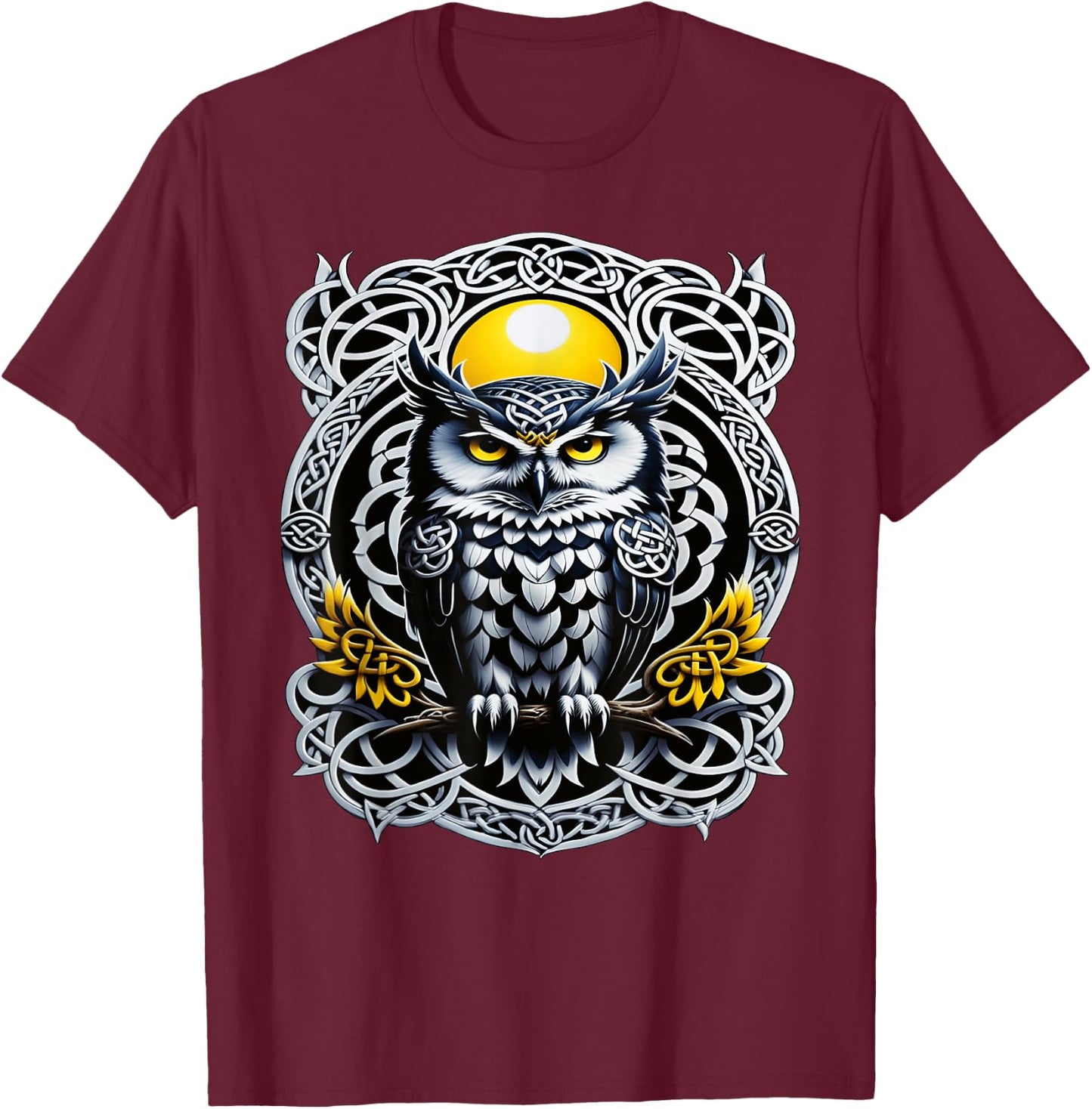 Celtic Owl Mystical Tattoo Design, Symbolic Knotwork T-Shirt - T-Shirt | Maroon