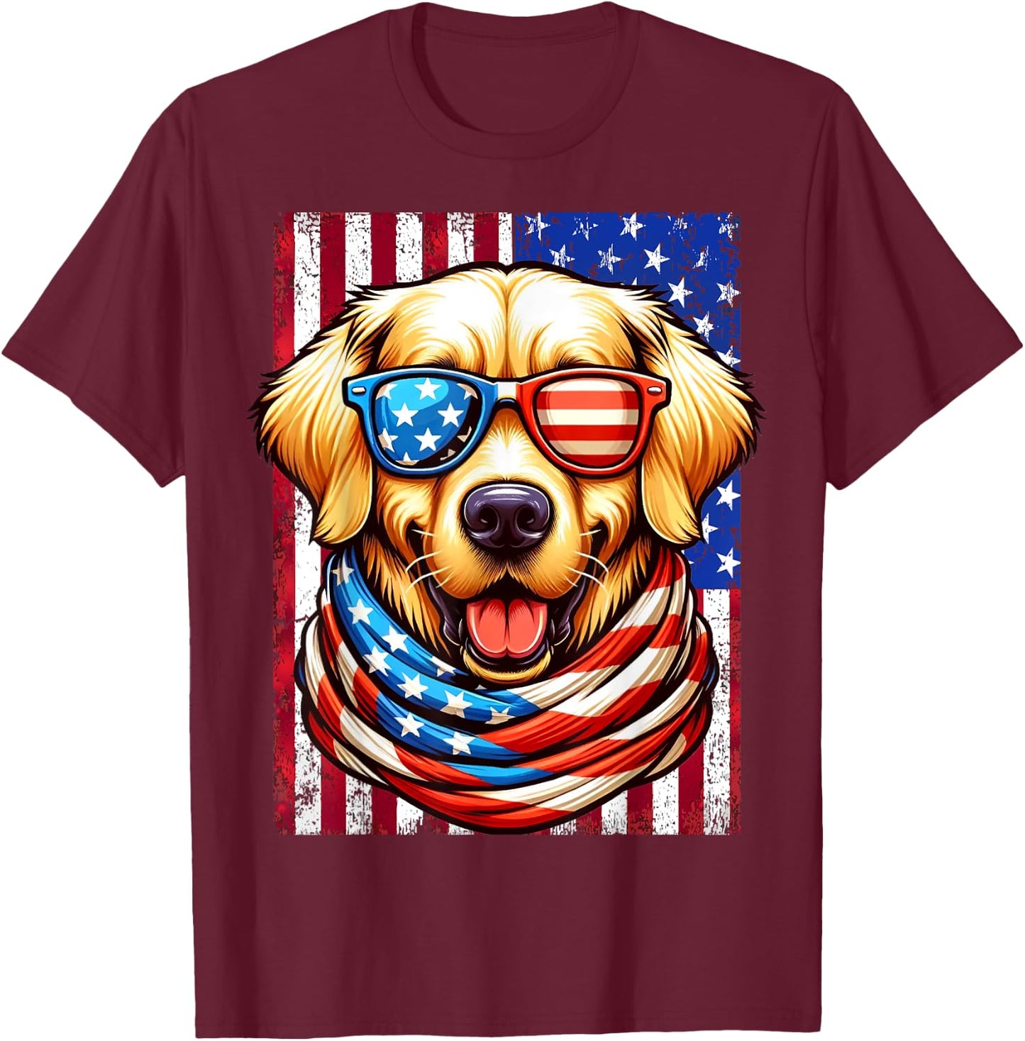 Golden Retriever Dog USA Flag American Patriotic 4th of July T-Shirt - T-Shirt | Maroon