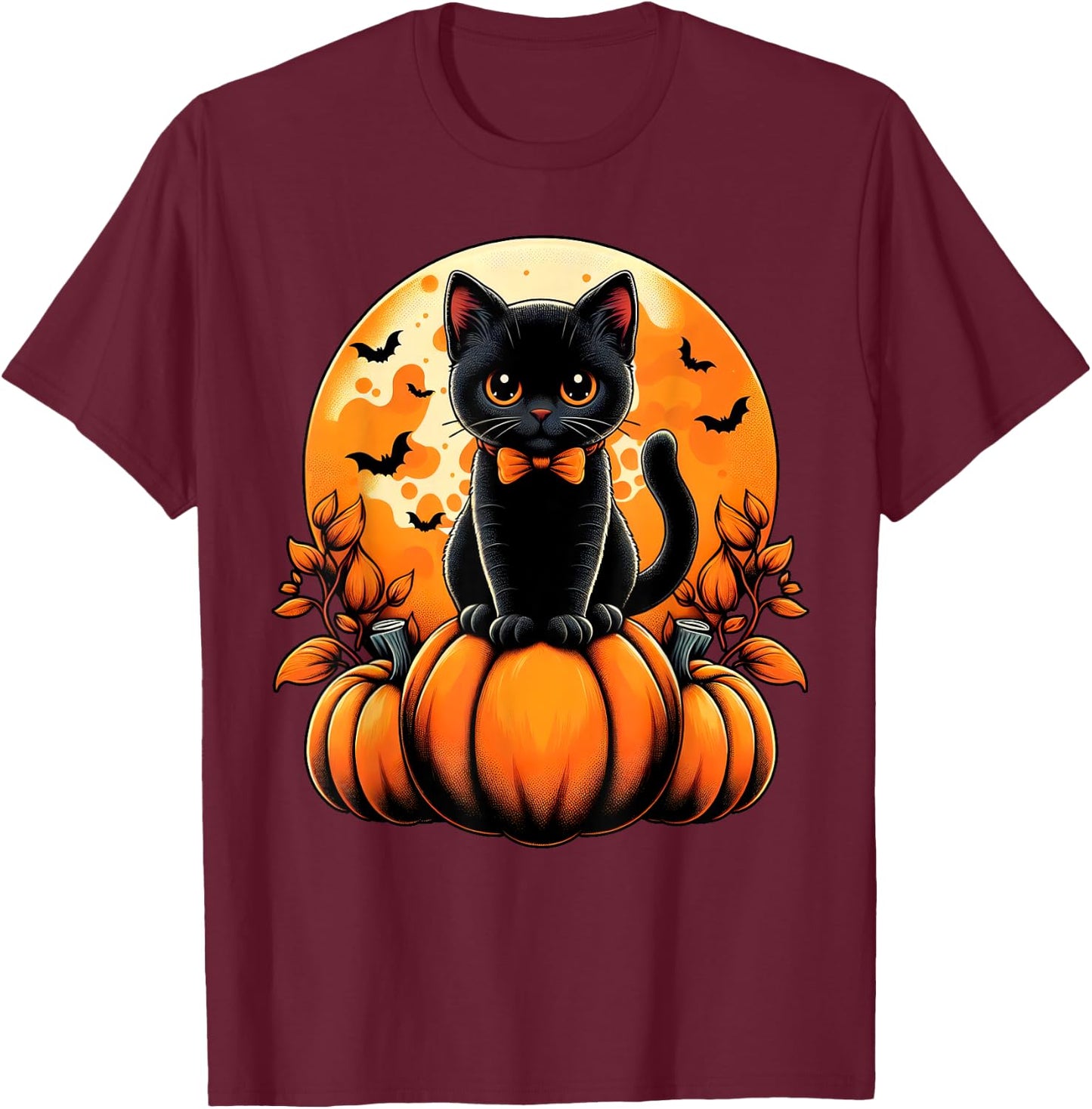 Retro Black Cat Pumpkin Halloween Costume Fall Autumn Season T-Shirt - T-Shirt | Maroon