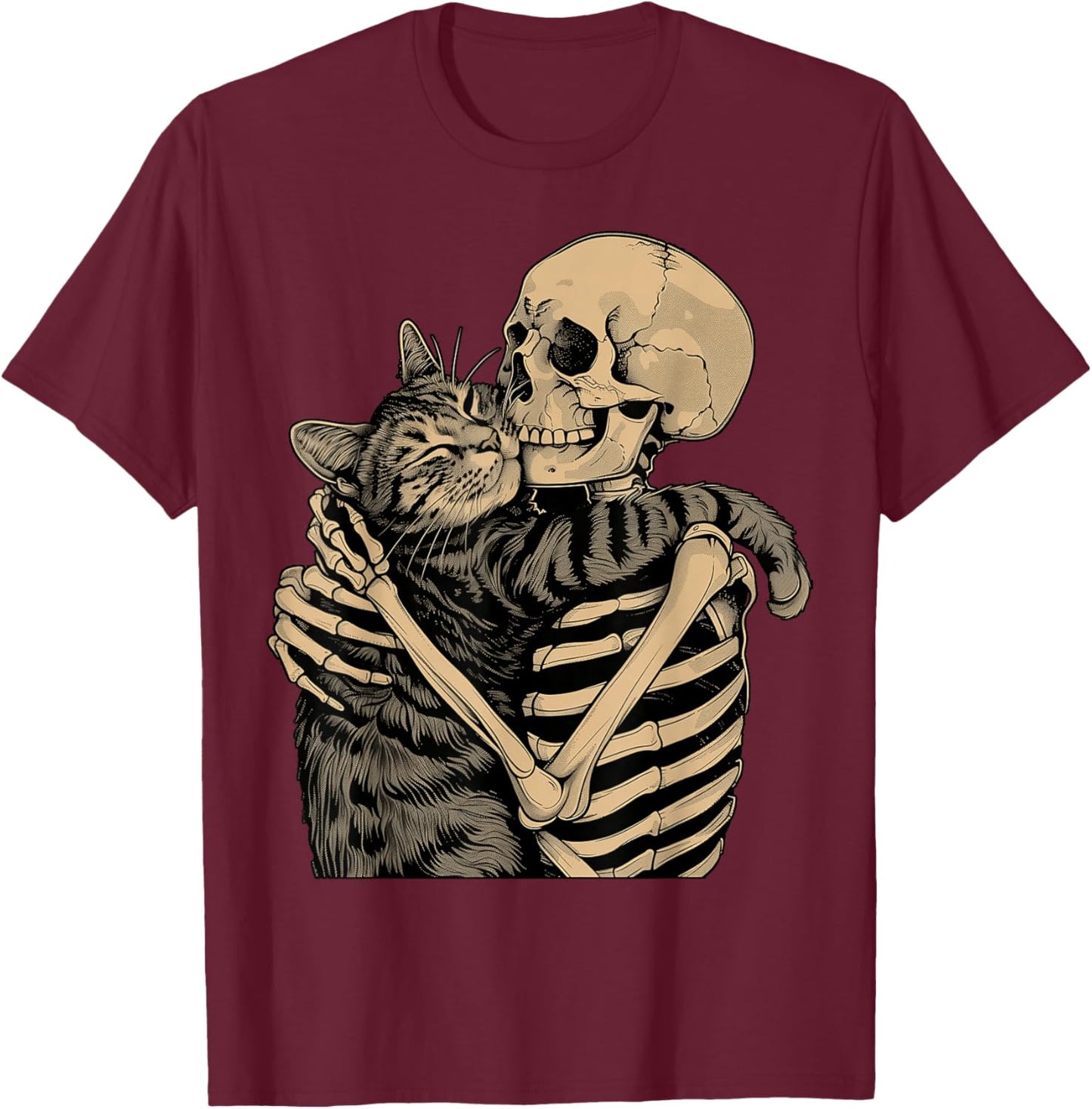 Skeleton Hugging Cat Halloween Cat Lover Cat Mom Dad T-Shirt - T-Shirt | Maroon