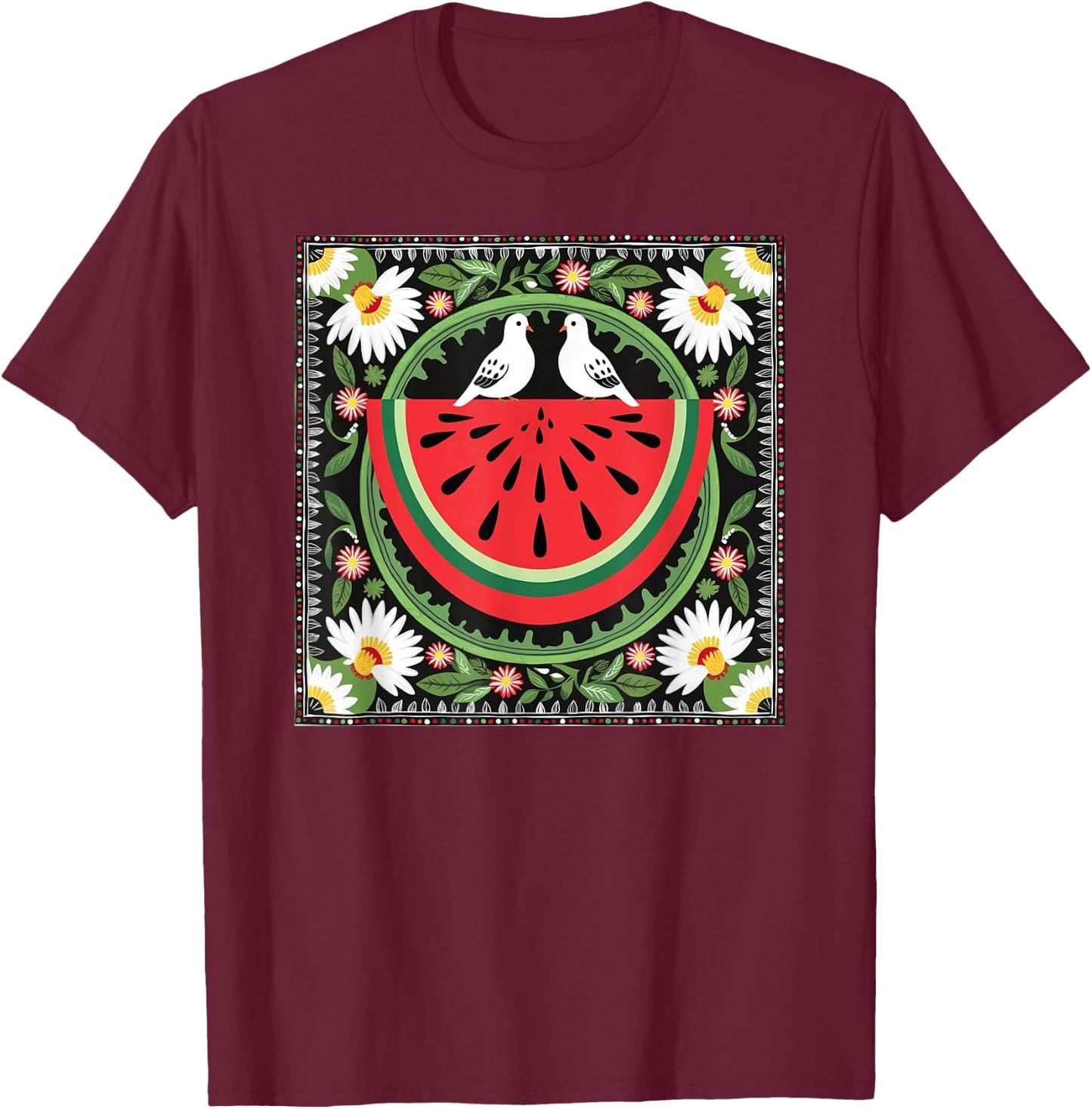 Fruits Flowers Watermelon Map Free Palestine T-Shirt - T-Shirt | Maroon