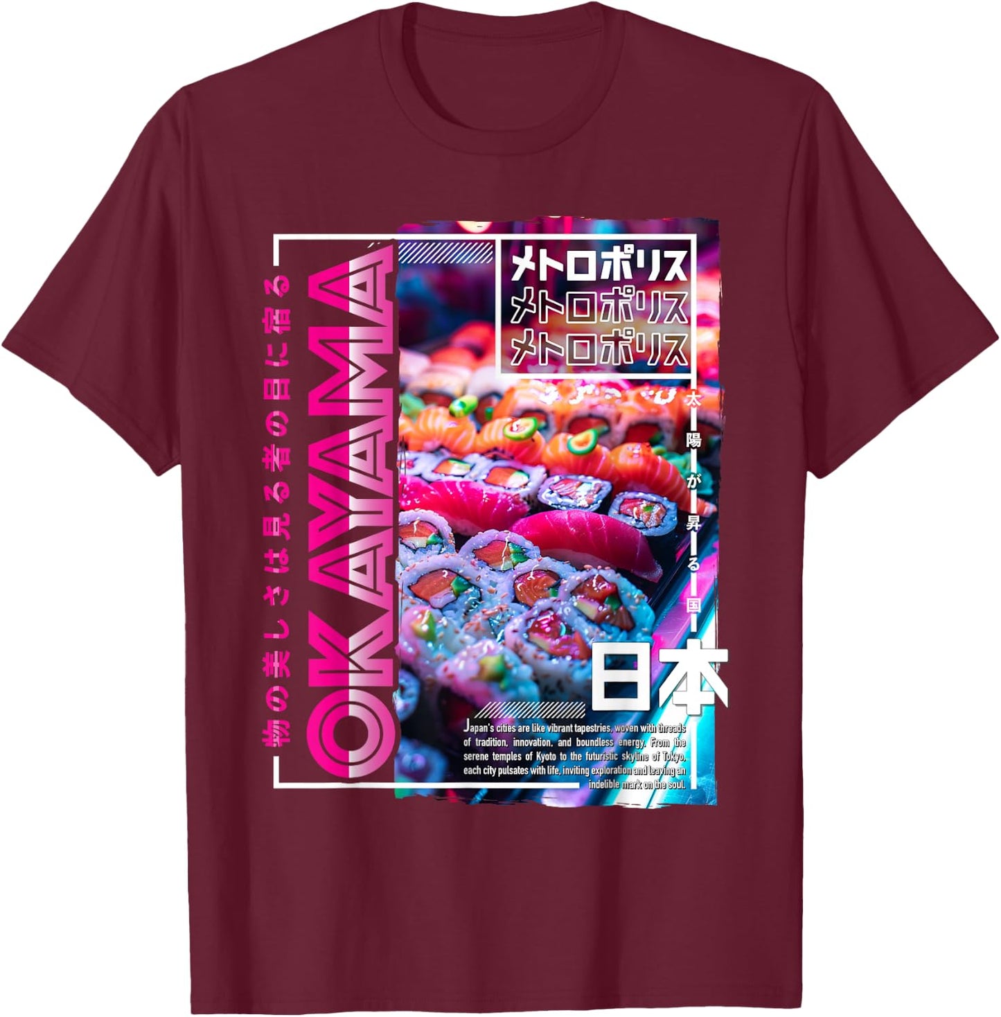 Okayama City 80s Synthwave Sushi Japan Okayama T-Shirt - T-Shirt | Maroon