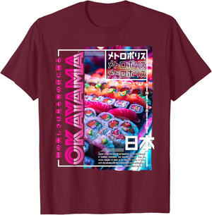 Okayama City 80s Synthwave Sushi Japan Okayama T-Shirt - T-Shirt | Maroon
