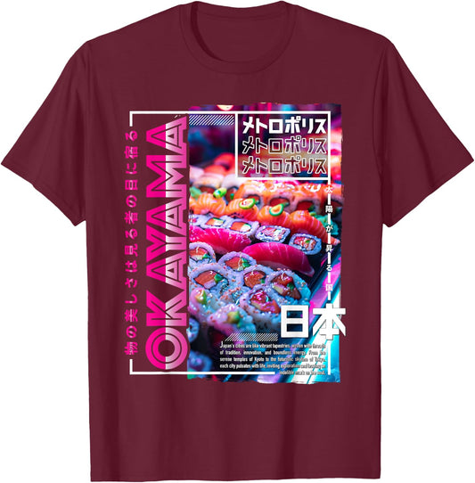 Okayama City 80s Synthwave Sushi Japan Okayama T-Shirt - T-Shirt | Maroon