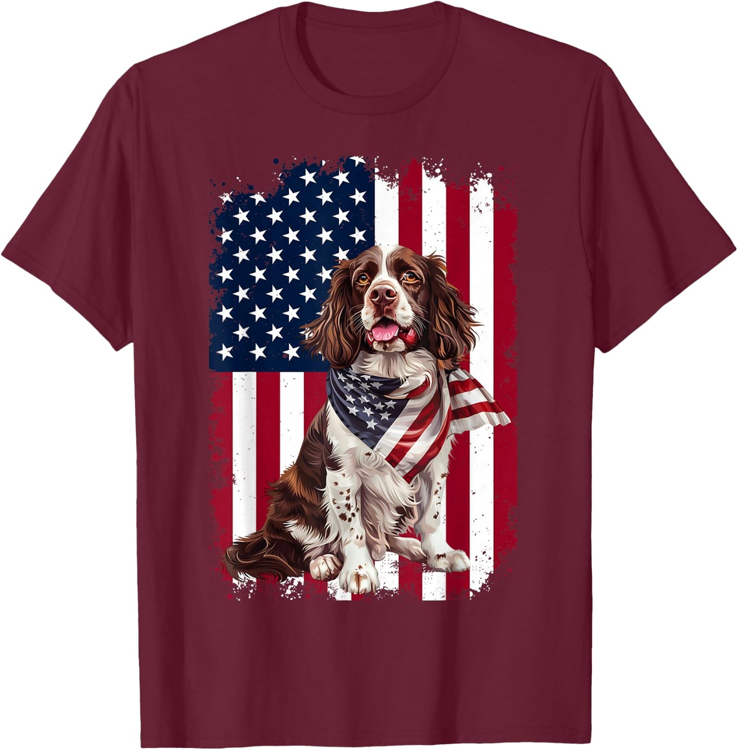 English Springer Spaniel Dog American Flag 4th Of July Gifts T-Shirt - T-Shirt | Maroon