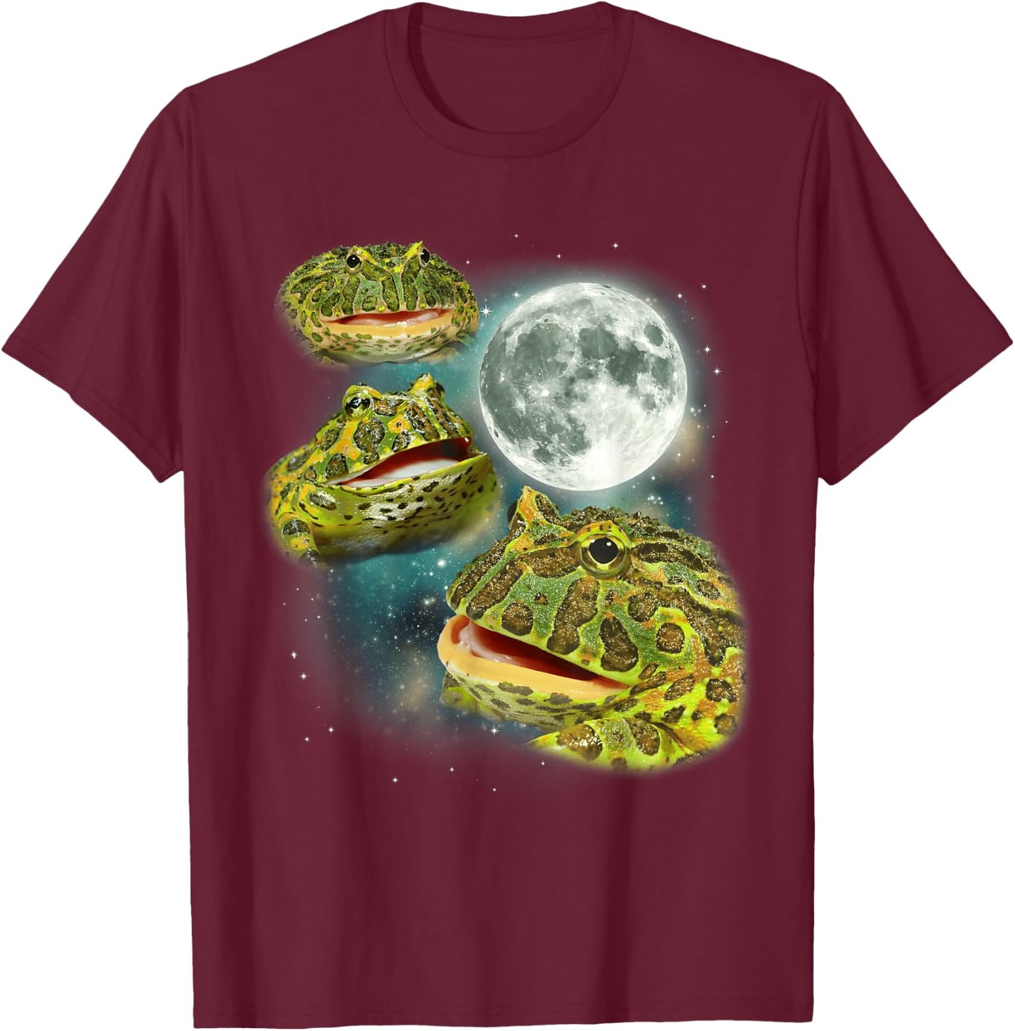 Three Frog Moon | 3 Pac Frogs Howl at The Moon Parody Meme T-Shirt - T-Shirt | Maroon
