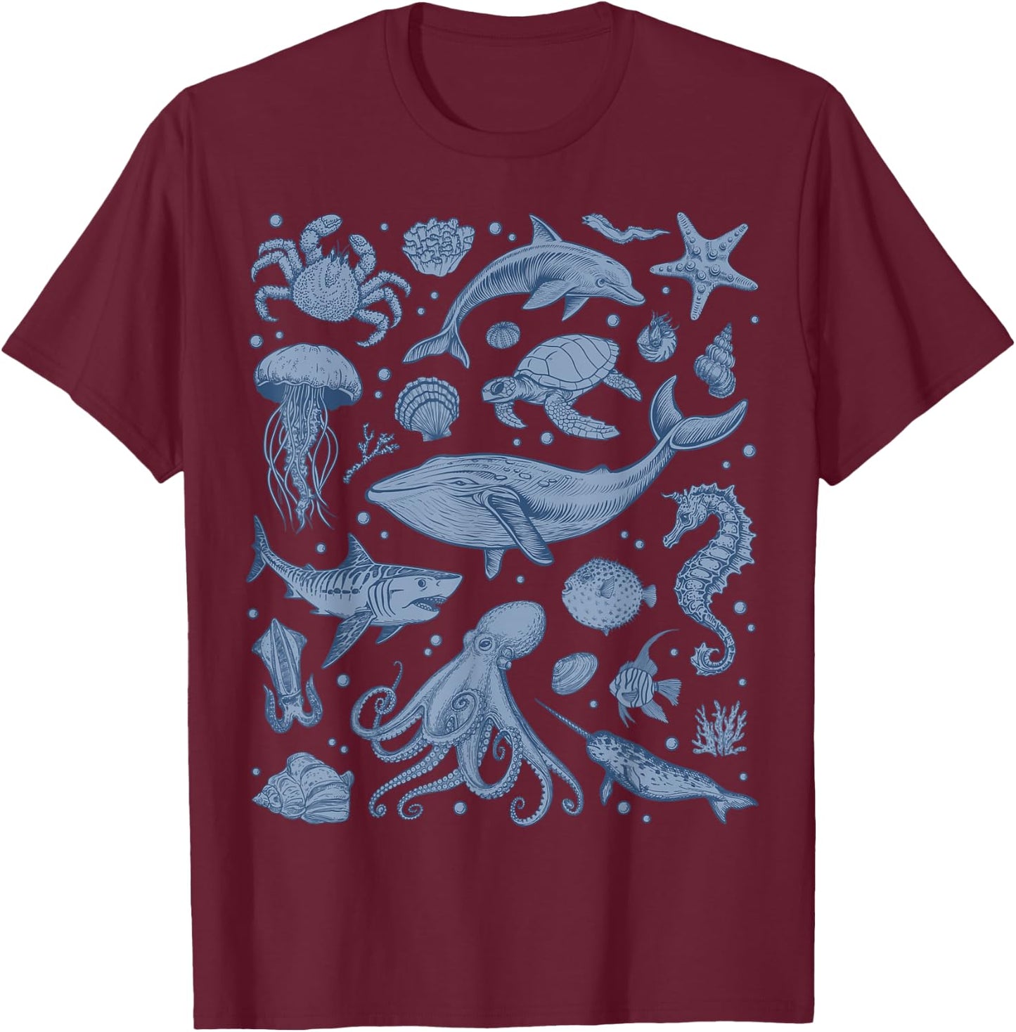 Ocean Life Sea Whale Dolphin Beach 90s Vintage Graphic T-Shirt - T-Shirt | Maroon