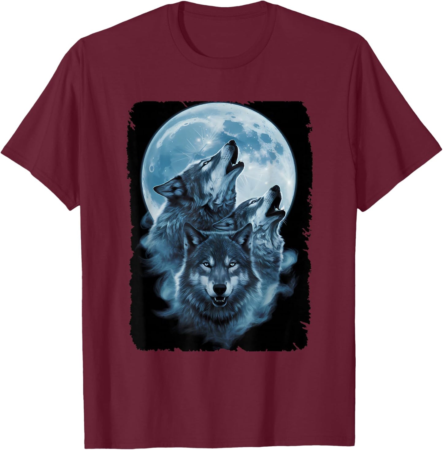 Wolf Lovers Animals Three Wolves Howling Full Moon T-Shirt - T-Shirt | Maroon