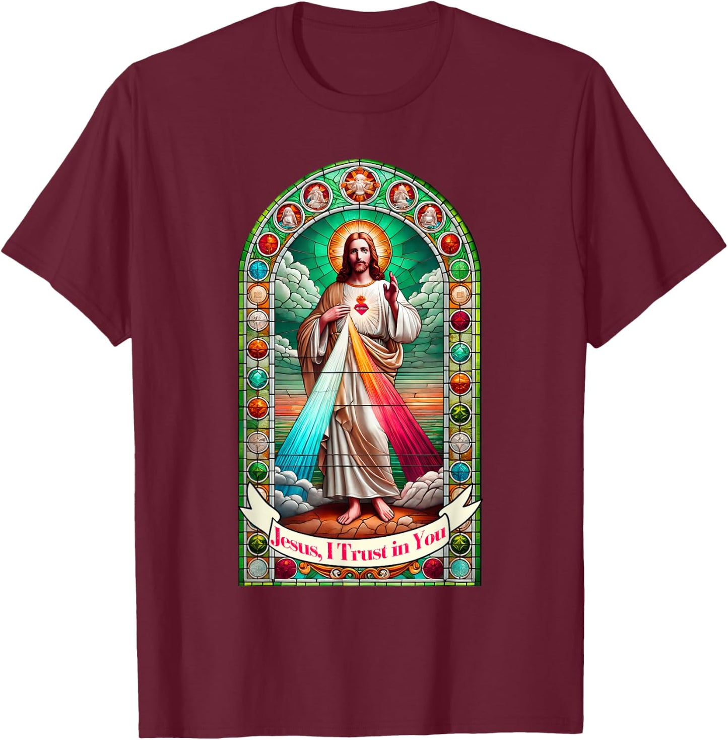 Jesus I Trust In You Faith Divine Mercy Graphic Catholic T-Shirt - T-Shirt | Maroon