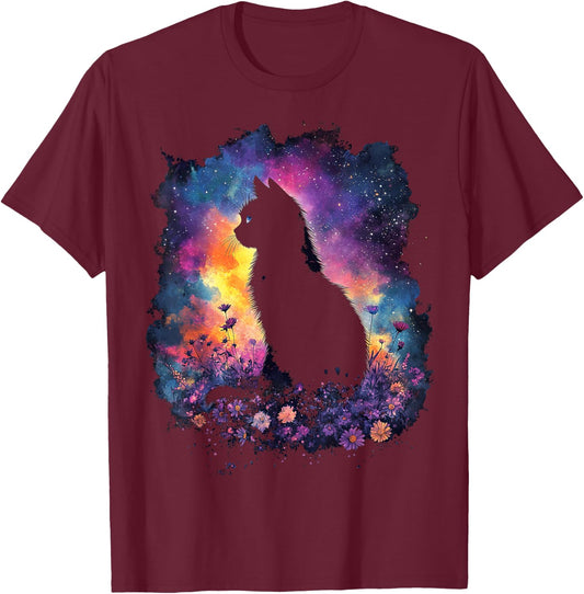 Cat Moon and Flowers Aesthetic Cottagecore inspired T-Shirt - T-Shirt | Maroon