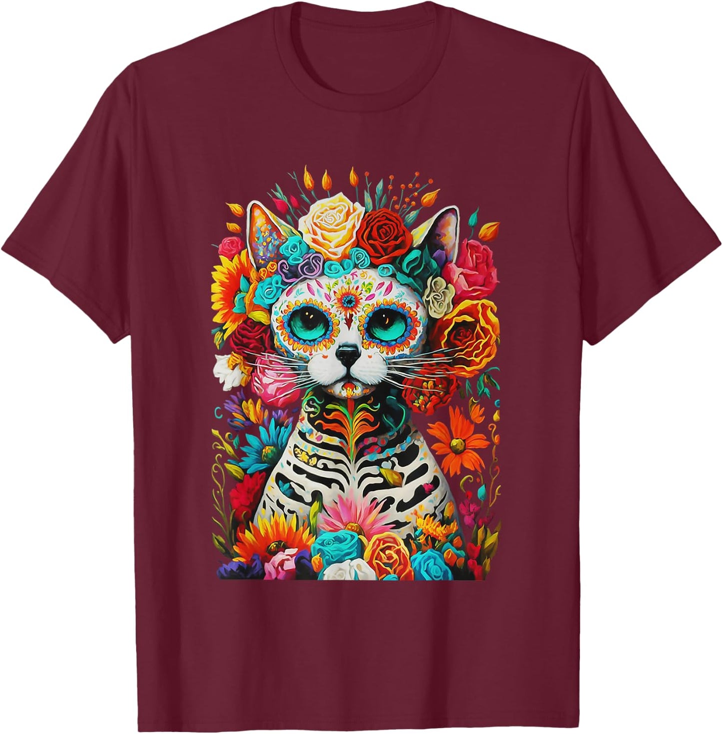 Sugar Skull Cat De Los Muertos La Catrina Day Of The Dead Women Kids T-Shirt - T-Shirt | Maroon