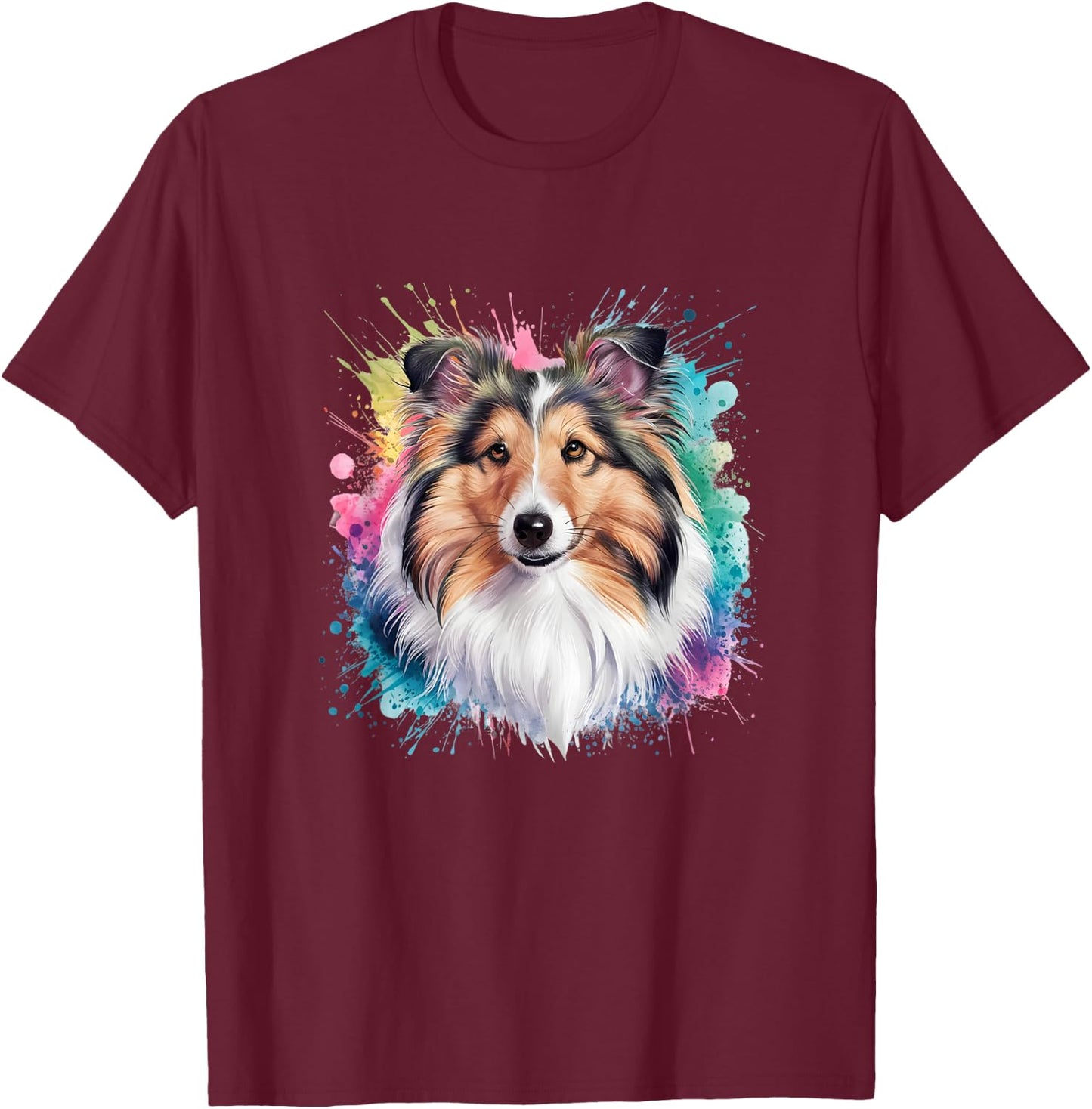 Men Woman Colorful Watercolor Shetland Sheepdog T-Shirt - T-Shirt | Maroon