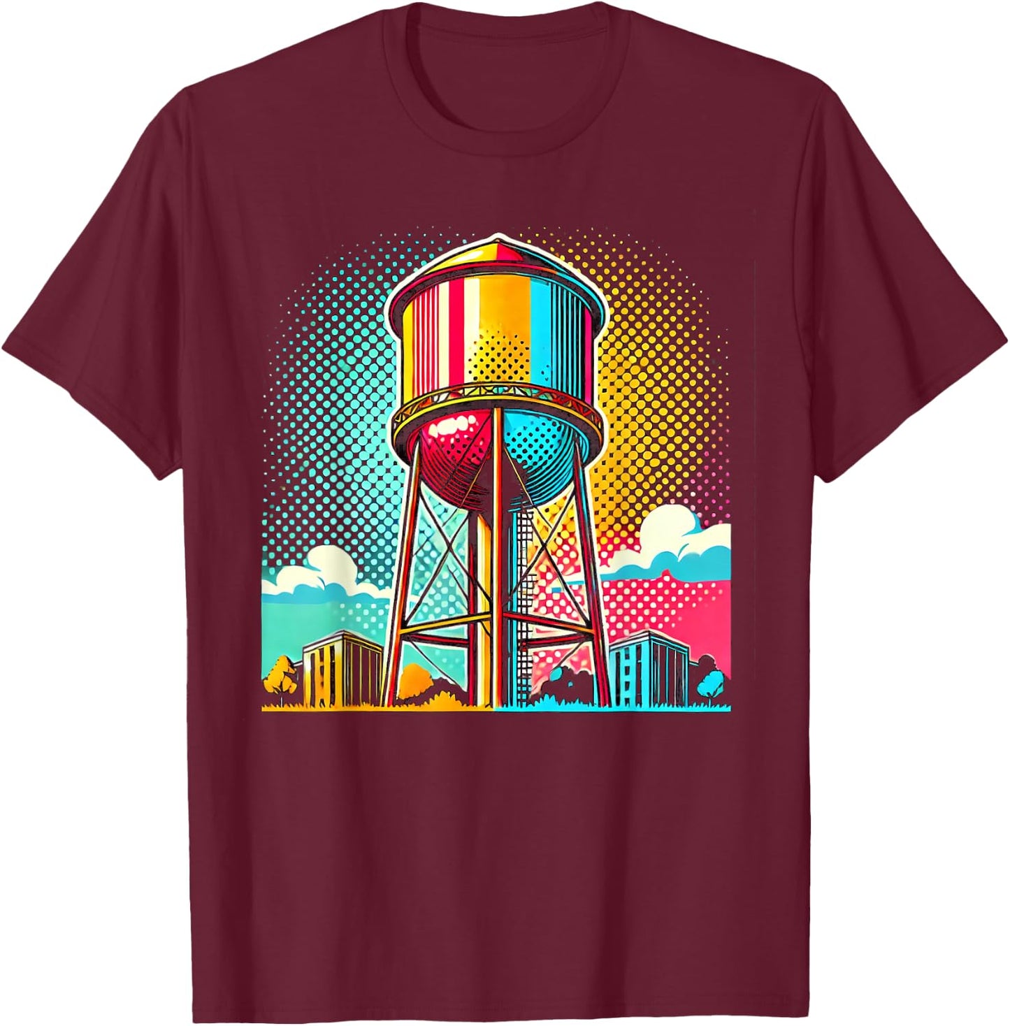 Pop Art Water Tower Colorful Urban Design T-Shirt - T-Shirt | Maroon