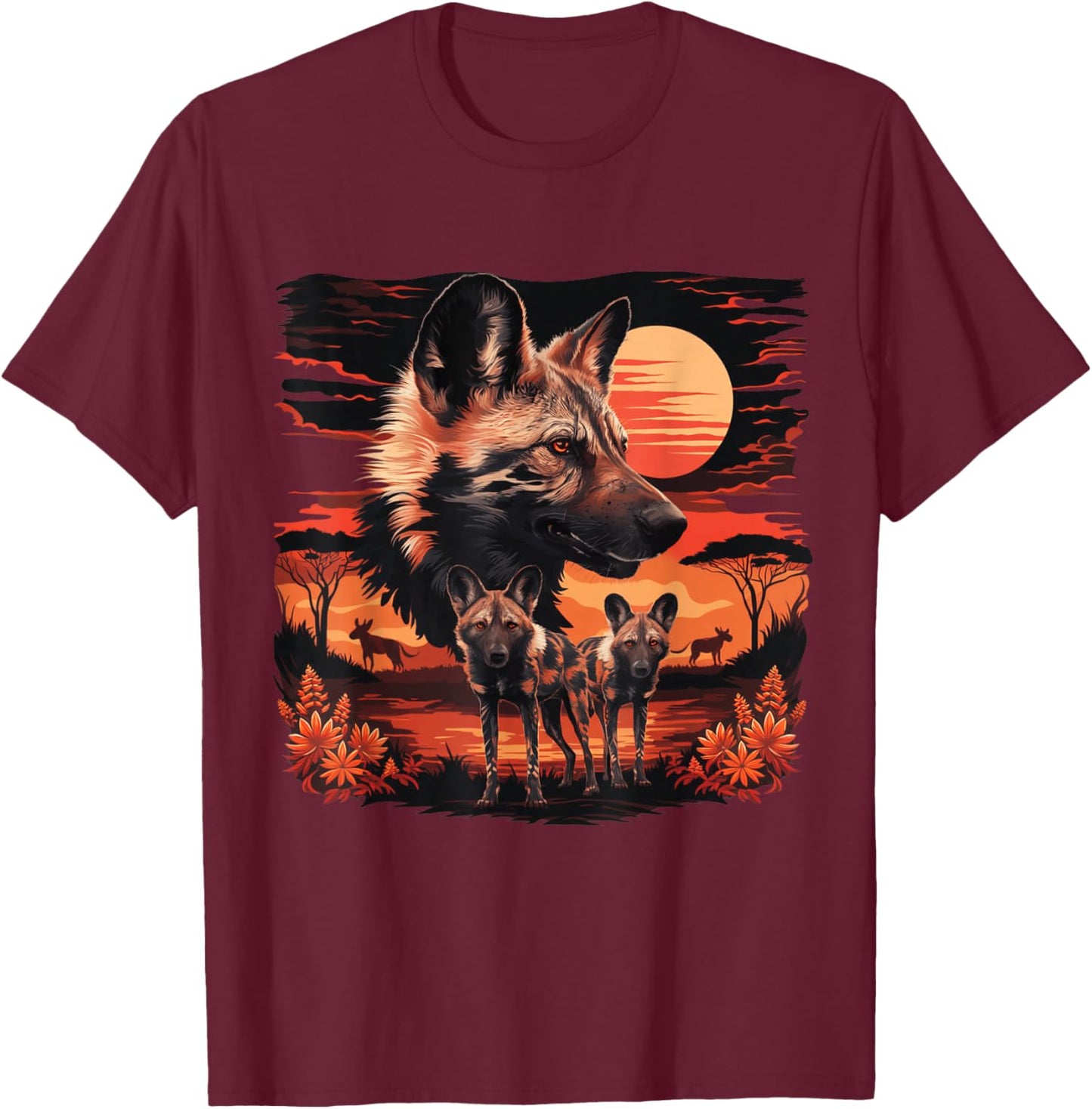 African Painted Wild Dogs African Savanna Wild Dogs Lovers T-Shirt - T-Shirt | Maroon