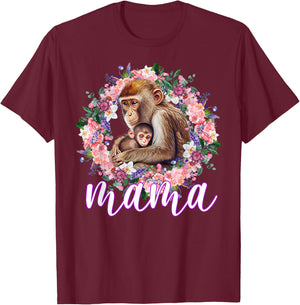 Flowers Mom & Cute Baby Monkey - Animal Mama Mother's Day T-Shirt - T-Shirt | Maroon