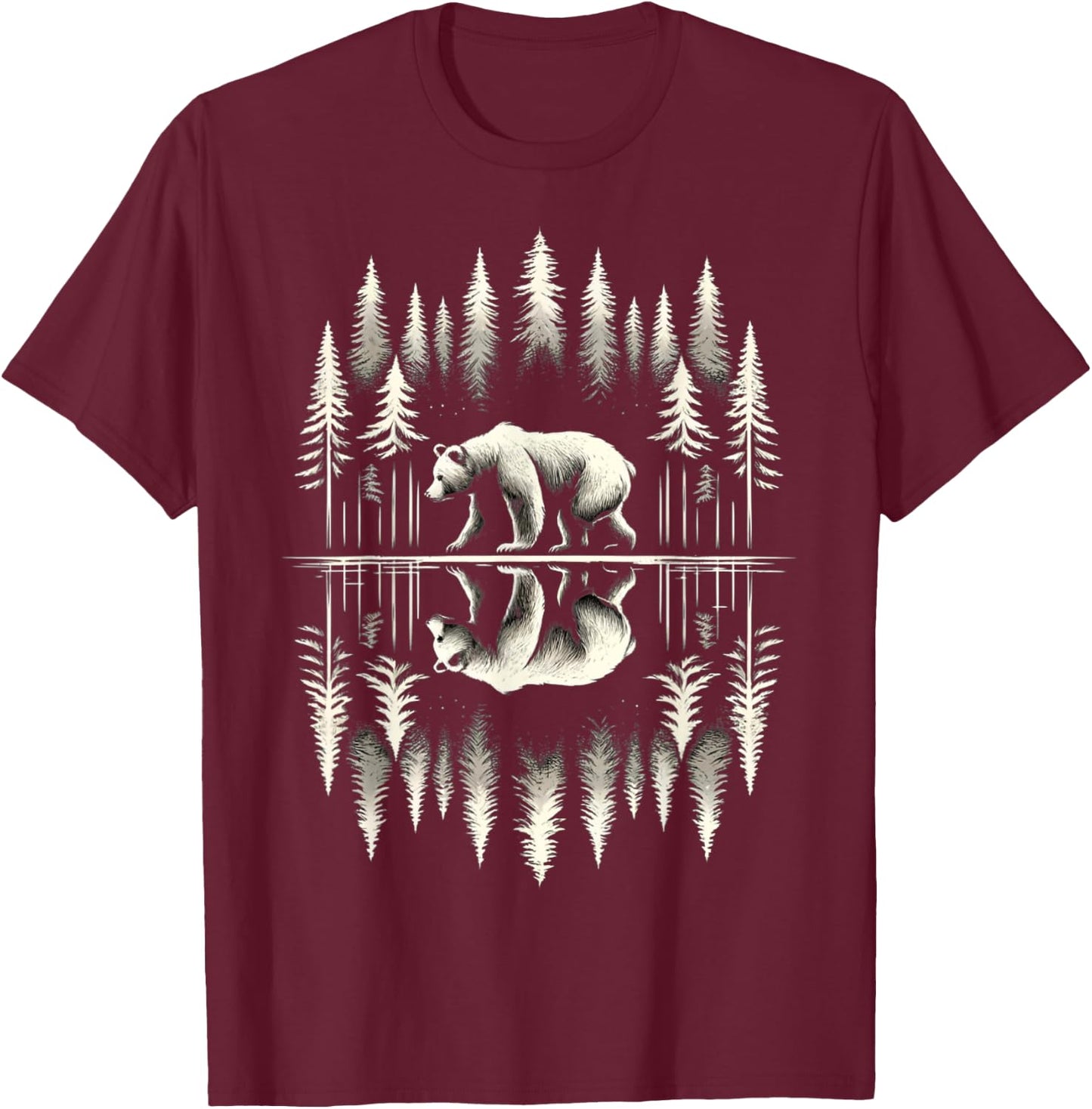 Bear Reflection Lake Outdoor Forest Trees Wildlife Nature T-Shirt - T-Shirt | Maroon