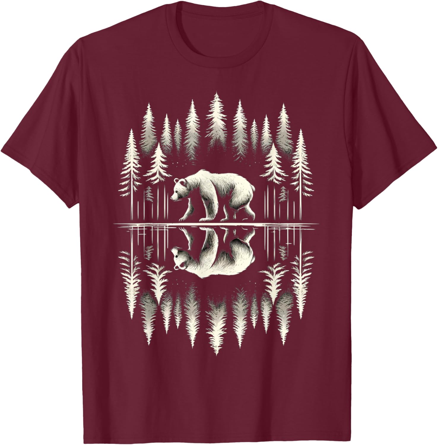 Bear Reflection Lake Outdoor Forest Trees Wildlife Nature T-Shirt - T-Shirt | Maroon
