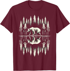 Bear Reflection Lake Outdoor Forest Trees Wildlife Nature T-Shirt - T-Shirt | Maroon
