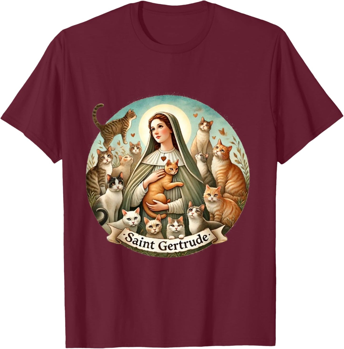 Saint Gertrude Patron of Cats Love Cats Catholic Saint Kitty T-Shirt - T-Shirt | Maroon