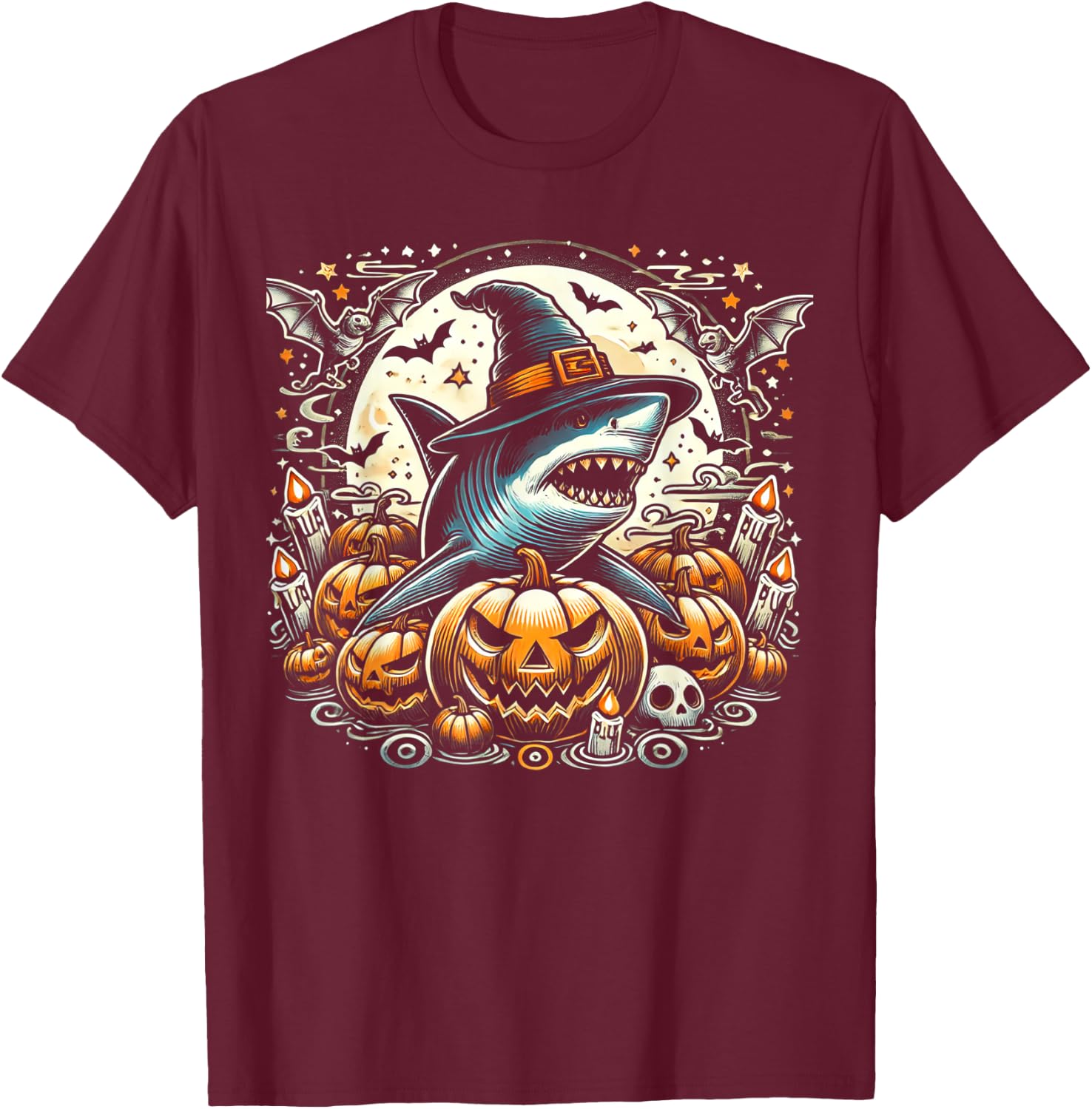 Shark Witch Halloween - Spooky Pumpkin Art T-Shirt - T-Shirt | Maroon