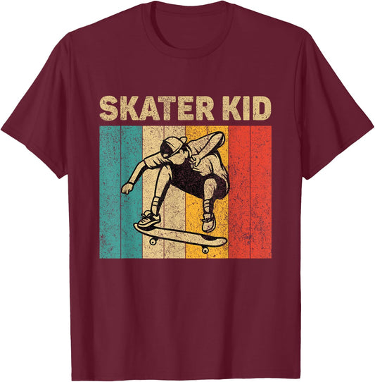 Skater Kid Funny Vintage Skateboarding Girls Boys T-Shirt - T-Shirt | Maroon