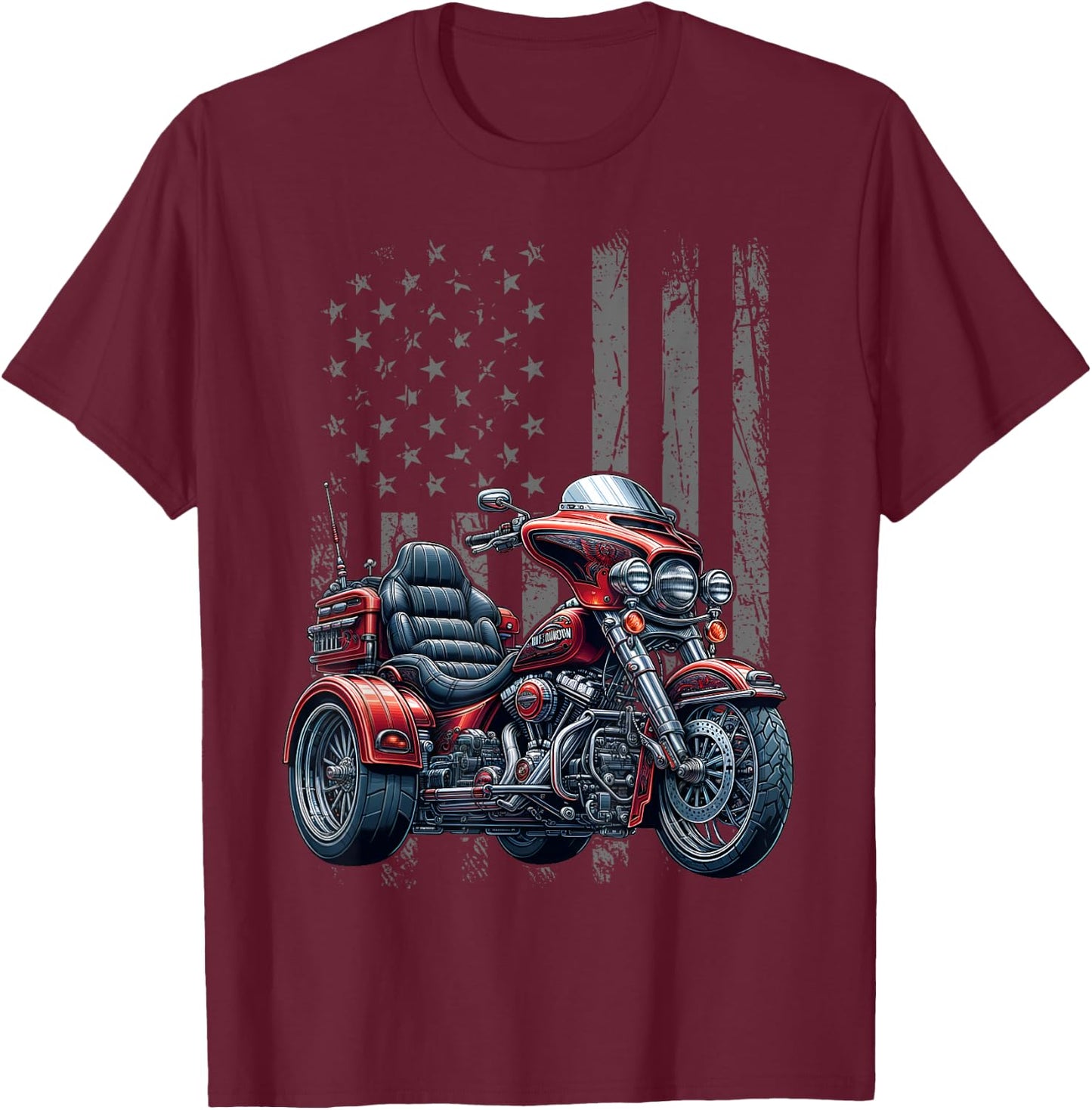 3 Wheels Motorcycle Trike Patriotic American Flag Trike T-Shirt - T-Shirt | Maroon