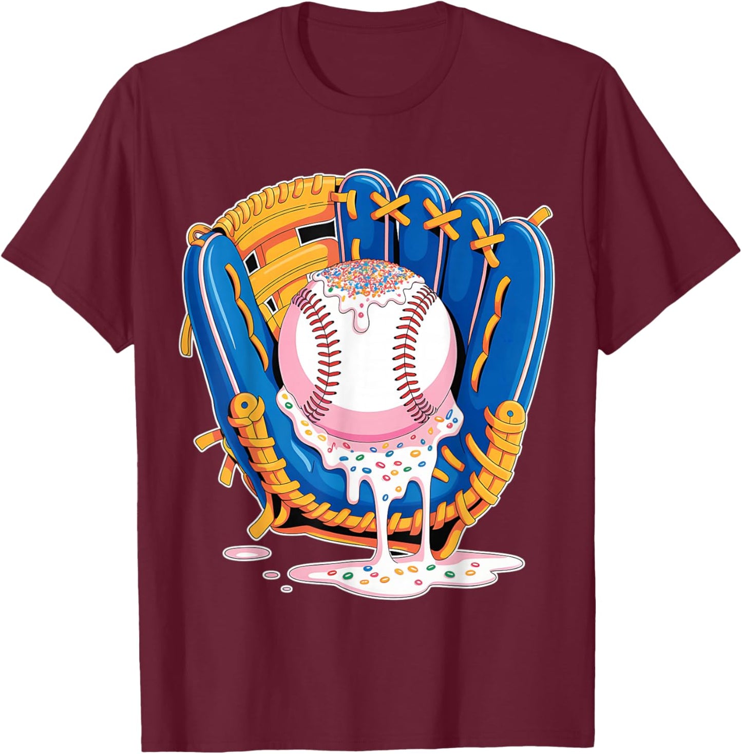 Baseball Drip Ice Cream Sprinkles Baseball Glove T-Shirt - T-Shirt | Maroon