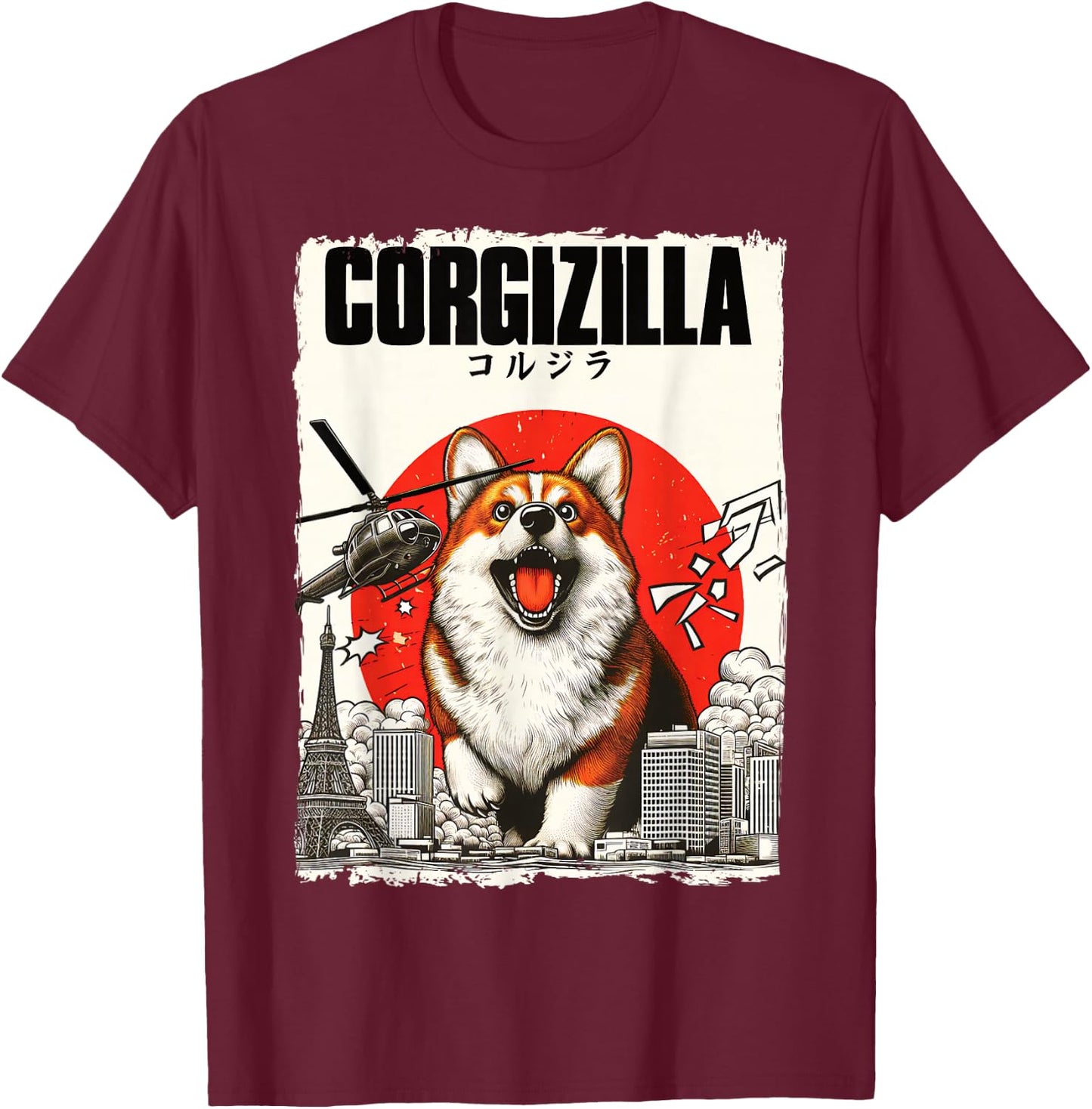 Feline Fashions Cat Apparel.USA CorgiZilla Parody Japanese Art Corgi Dog Mom Dad Adult T-Shirt - T-Shirt | Maroon