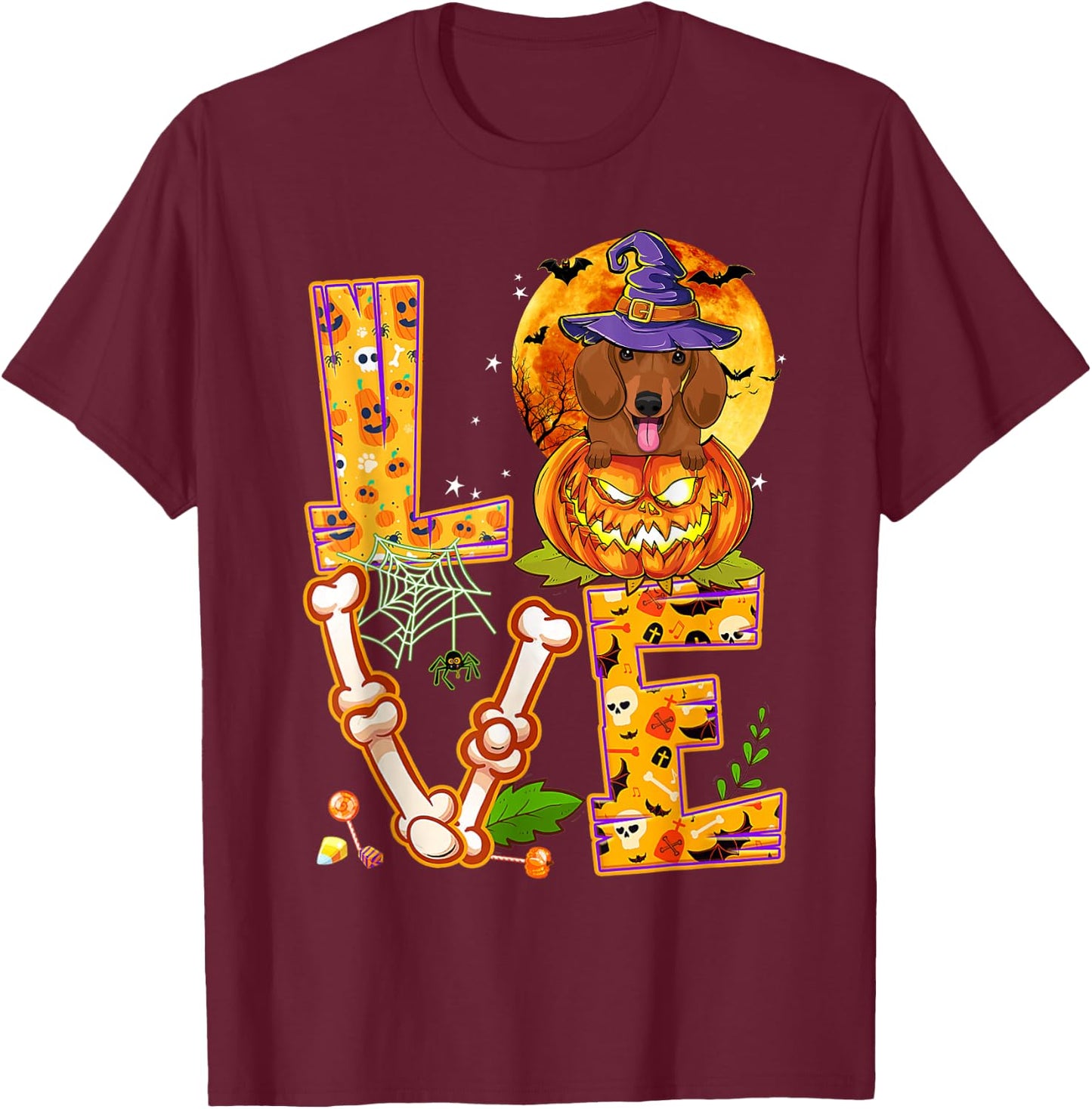 Love Dachshund Witch Pumpkin Scary Halloween Dog Lovers T-Shirt - T-Shirt | Maroon