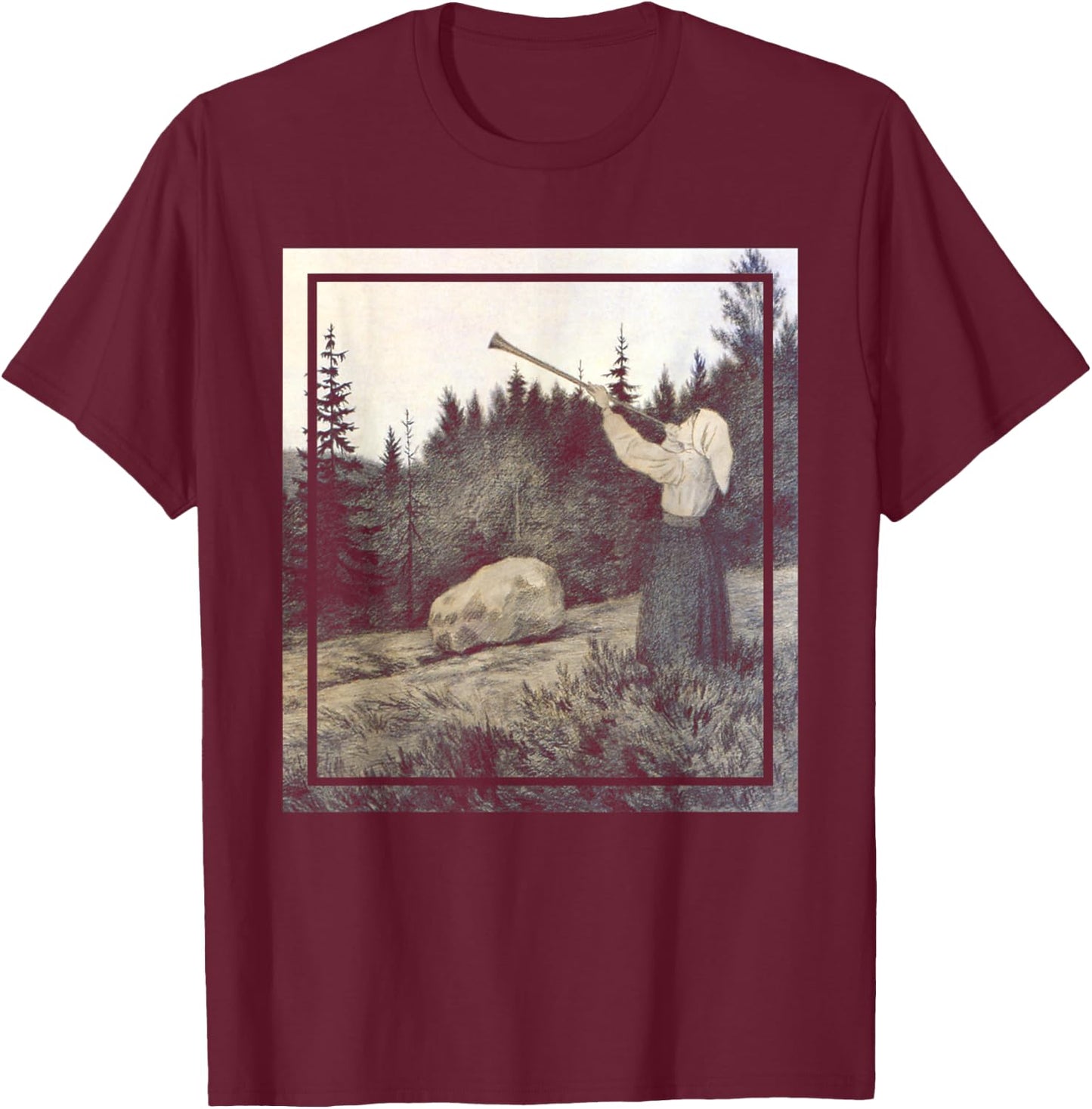 Op under Fjeldet toner en Lur - Kittelsen Black Metal Art T-Shirt - T-Shirt | Maroon
