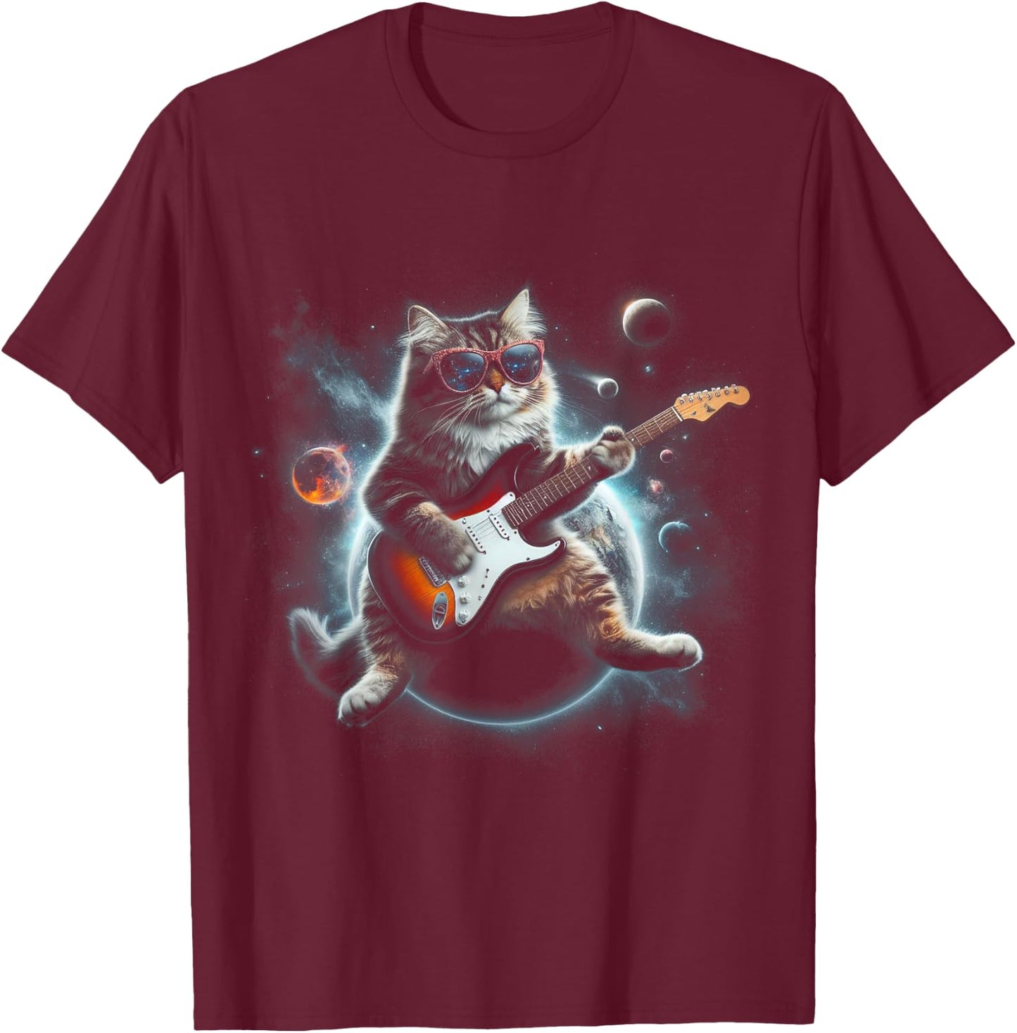 Rock Cat Playing Guitar Electric in space Funny kitty Galaxy Women Kids T-Shirt - T-Shirt | Maroon