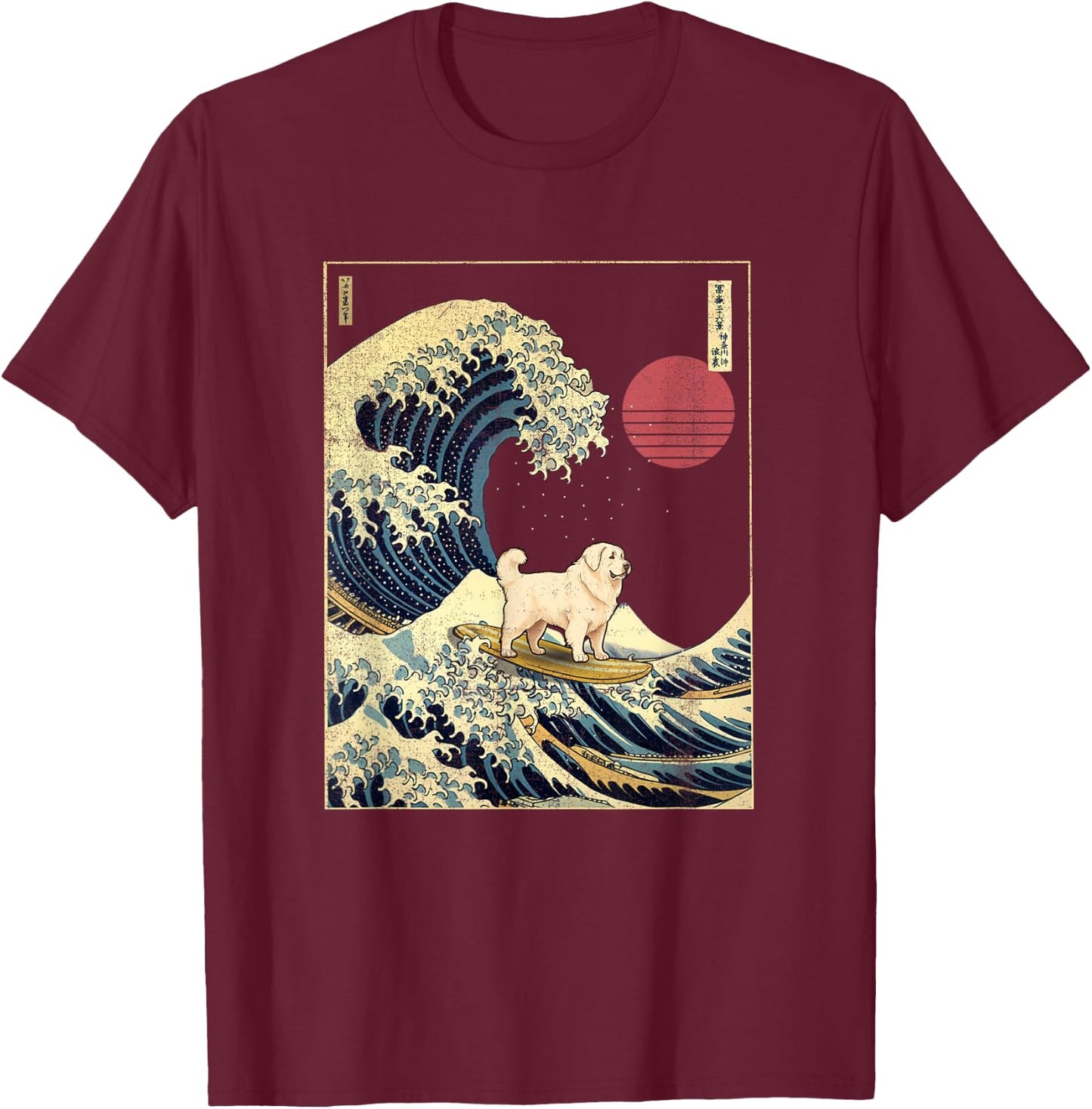 Great Pyrenees Japanese Kanagawa Wave Funny Surf Dog T-Shirt - T-Shirt | Maroon