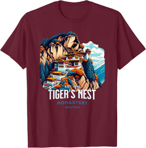 Tiger's Nest Monastery Bhutan Paro Himalayan Culture Hiking T-Shirt - T-Shirt | Maroon