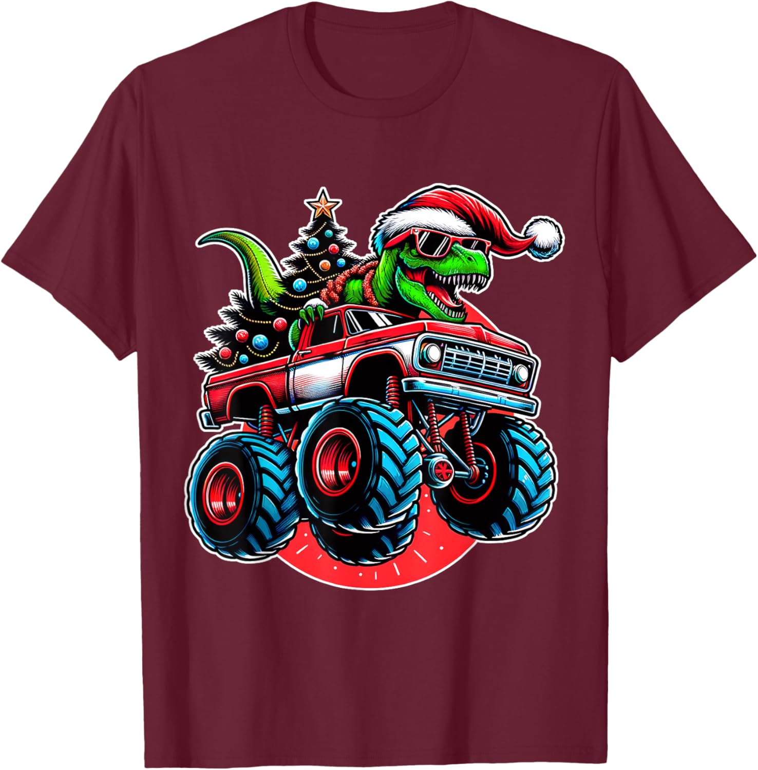 Christmas T Rex Monster Truck Boys Dinosaur Santa Xmas Funny T-Shirt - T-Shirt | Maroon