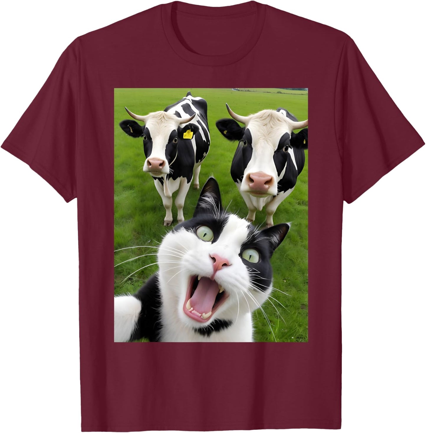 Funny Black And White Cat Cow Selfie T-Shirt - T-Shirt | Maroon