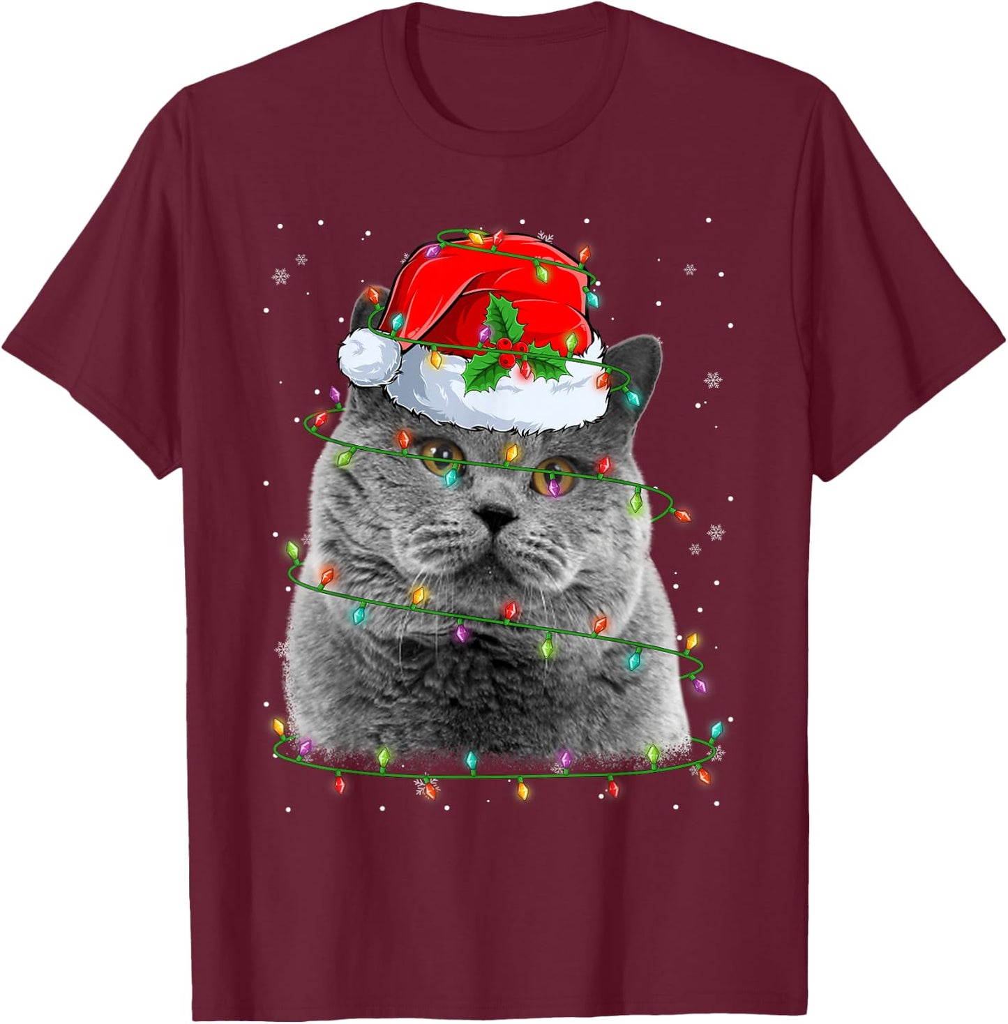 Funny British Shorthair Cat Santa Hat Christmas Tree Lights T-Shirt - T-Shirt | Maroon