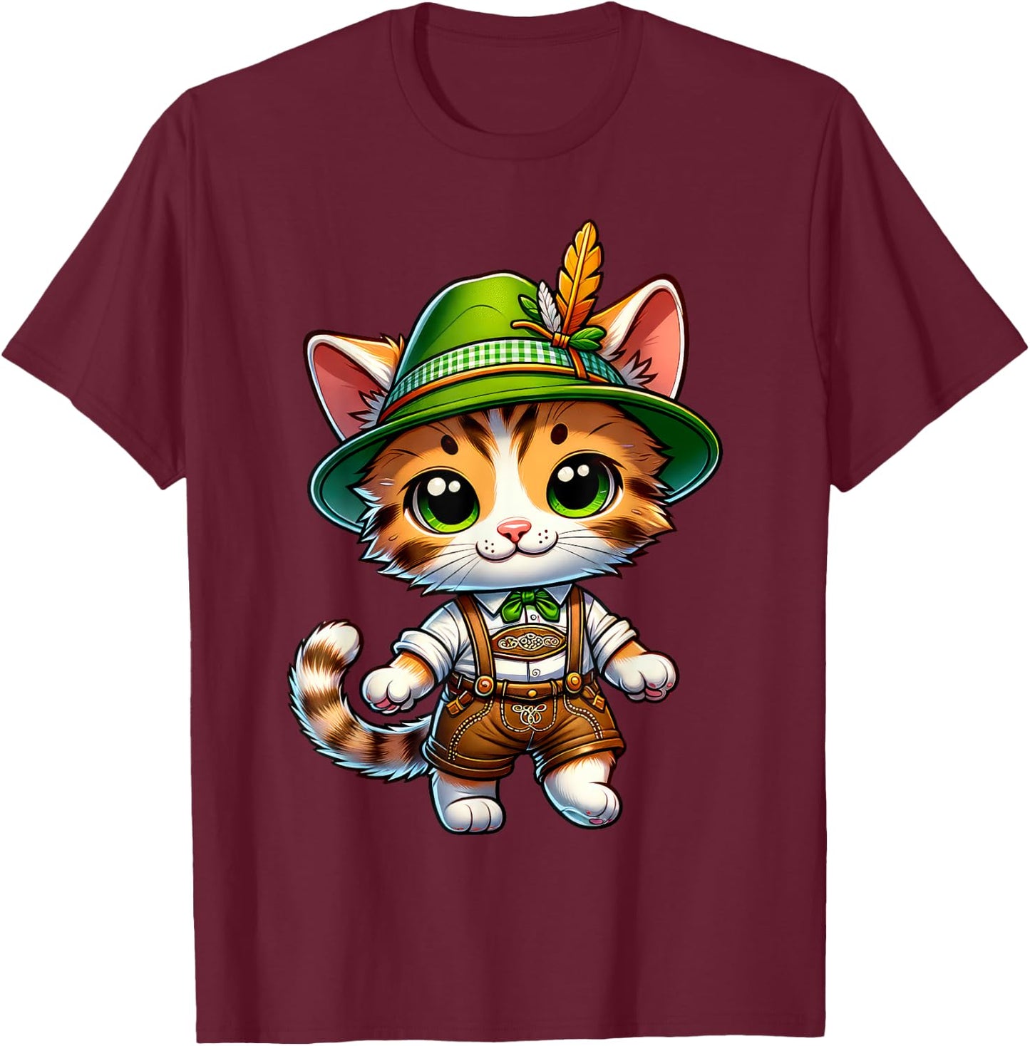 Oktoberfest Cat Funny German Bavarian Lederhosen Cat Lover T-Shirt - T-Shirt | Maroon