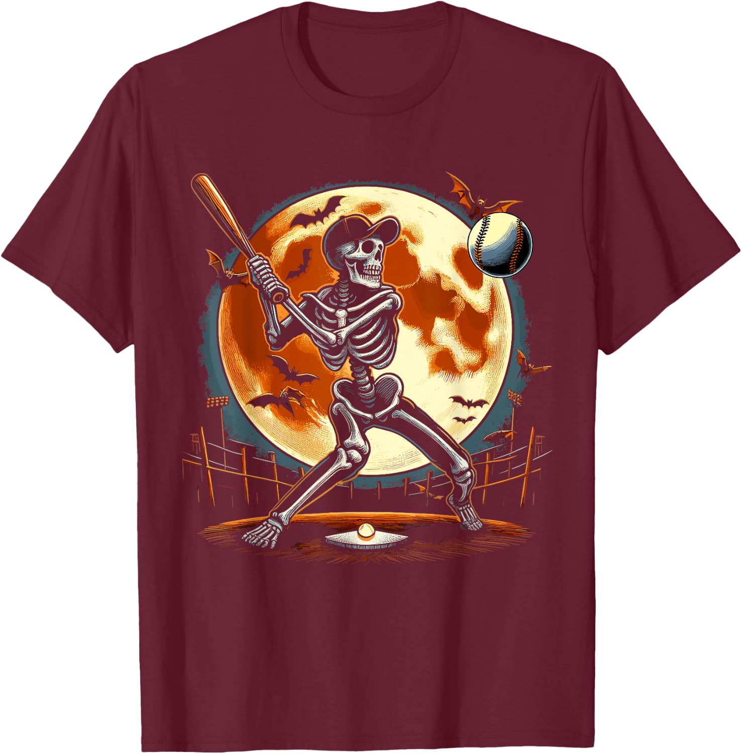 Halloween Baseball Skeleton Halloween T-Shirt - T-Shirt | Maroon