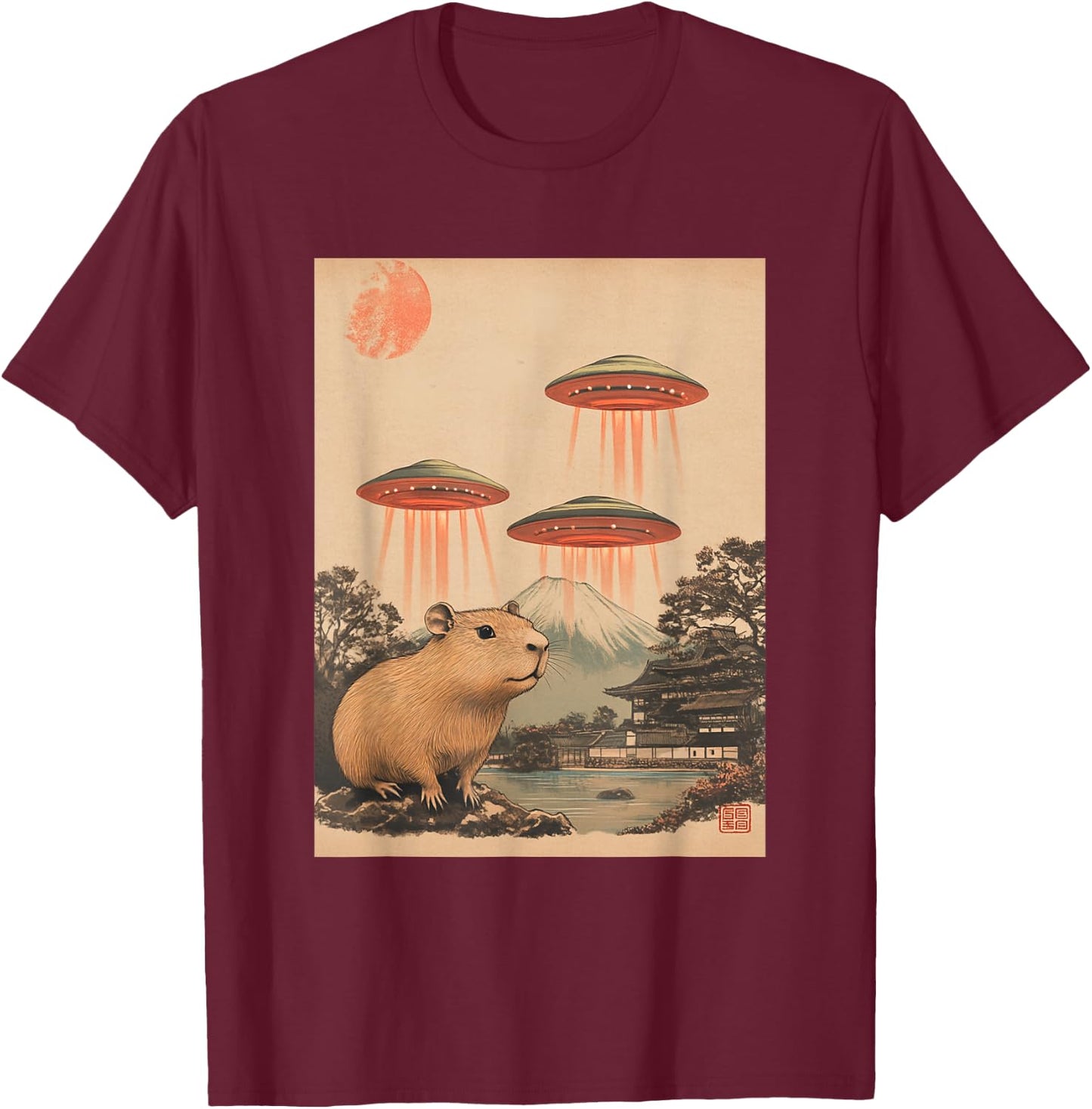 Vintage Japan Art Japanese Retro Print Capybara with UFOs T-Shirt - T-Shirt | Maroon