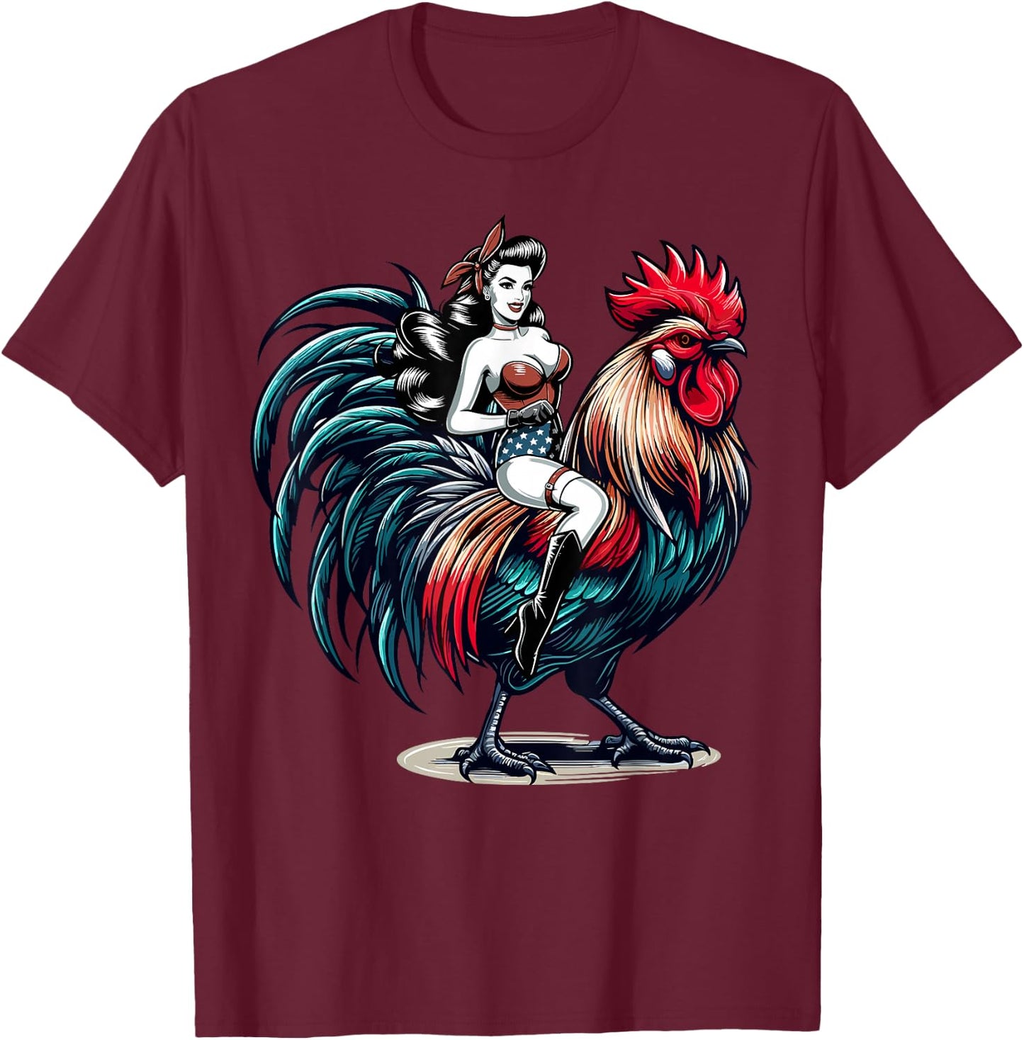 Pin-Up Girl Riding Rooster Vintage Patriotic T-Shirt - T-Shirt | Maroon