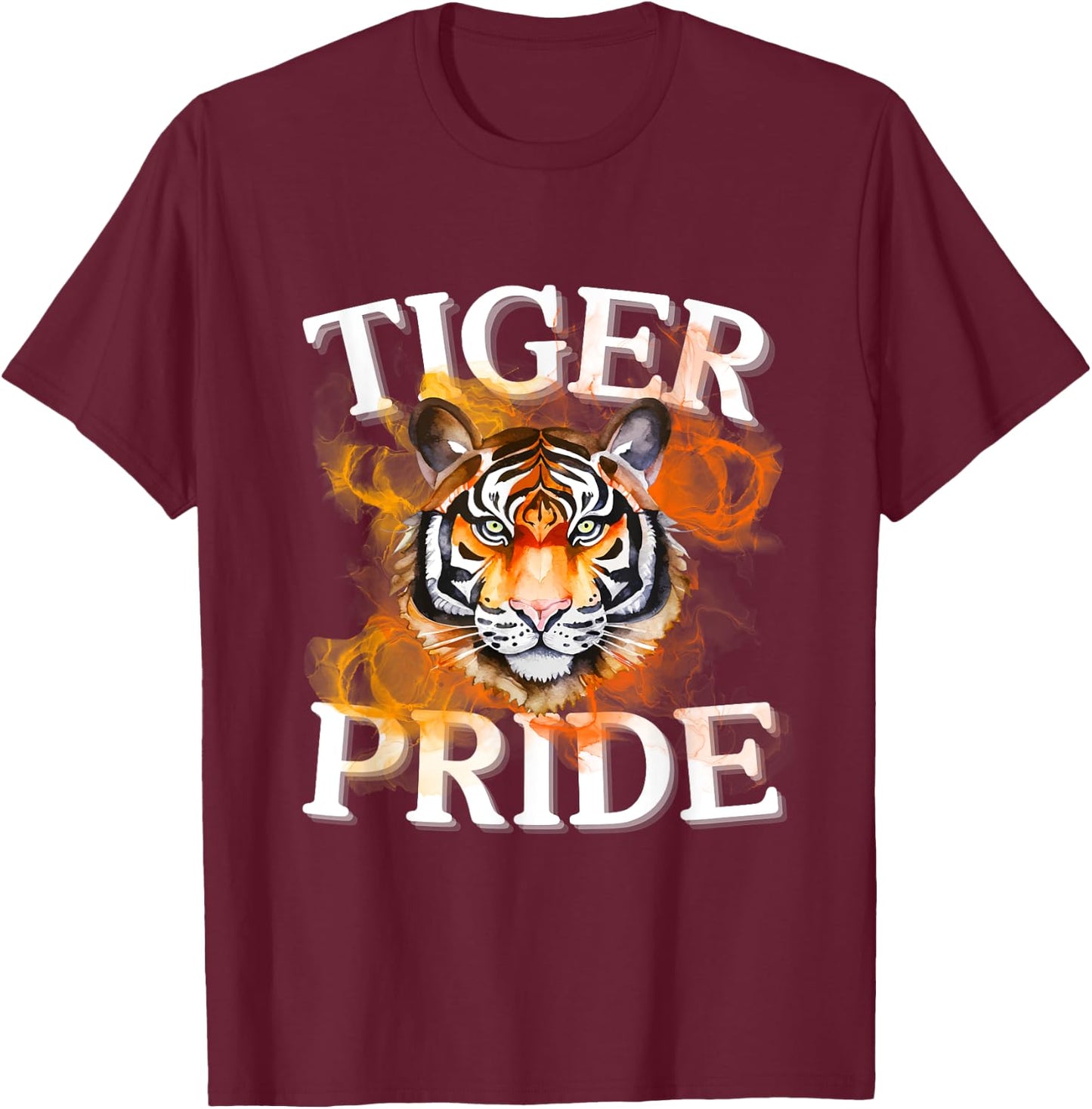 Tiger Pride Flame Tiger Mascot Retro School Sport Cheer Team T-Shirt - T-Shirt | Maroon