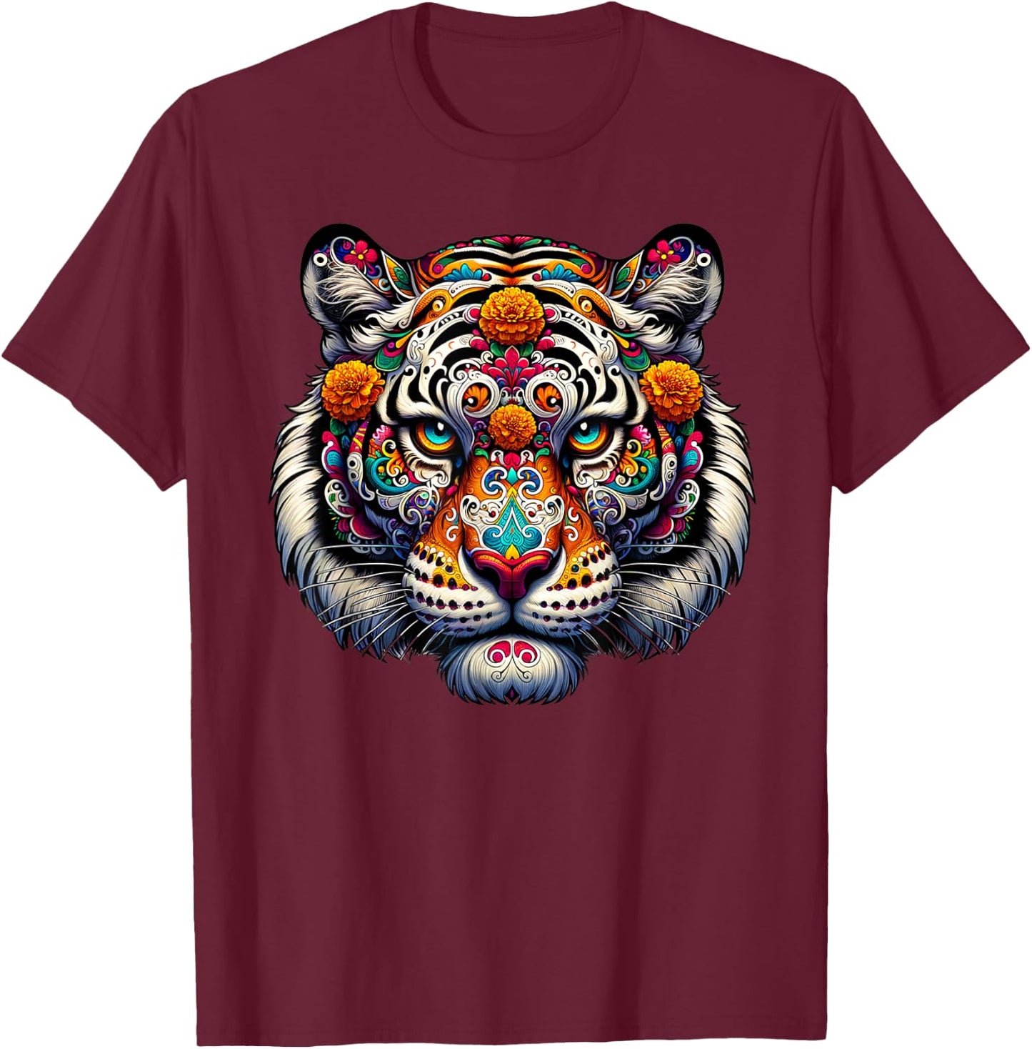 Sugar Skull Tiger Halloween Boys Women Kids T-Shirt - T-Shirt | Maroon