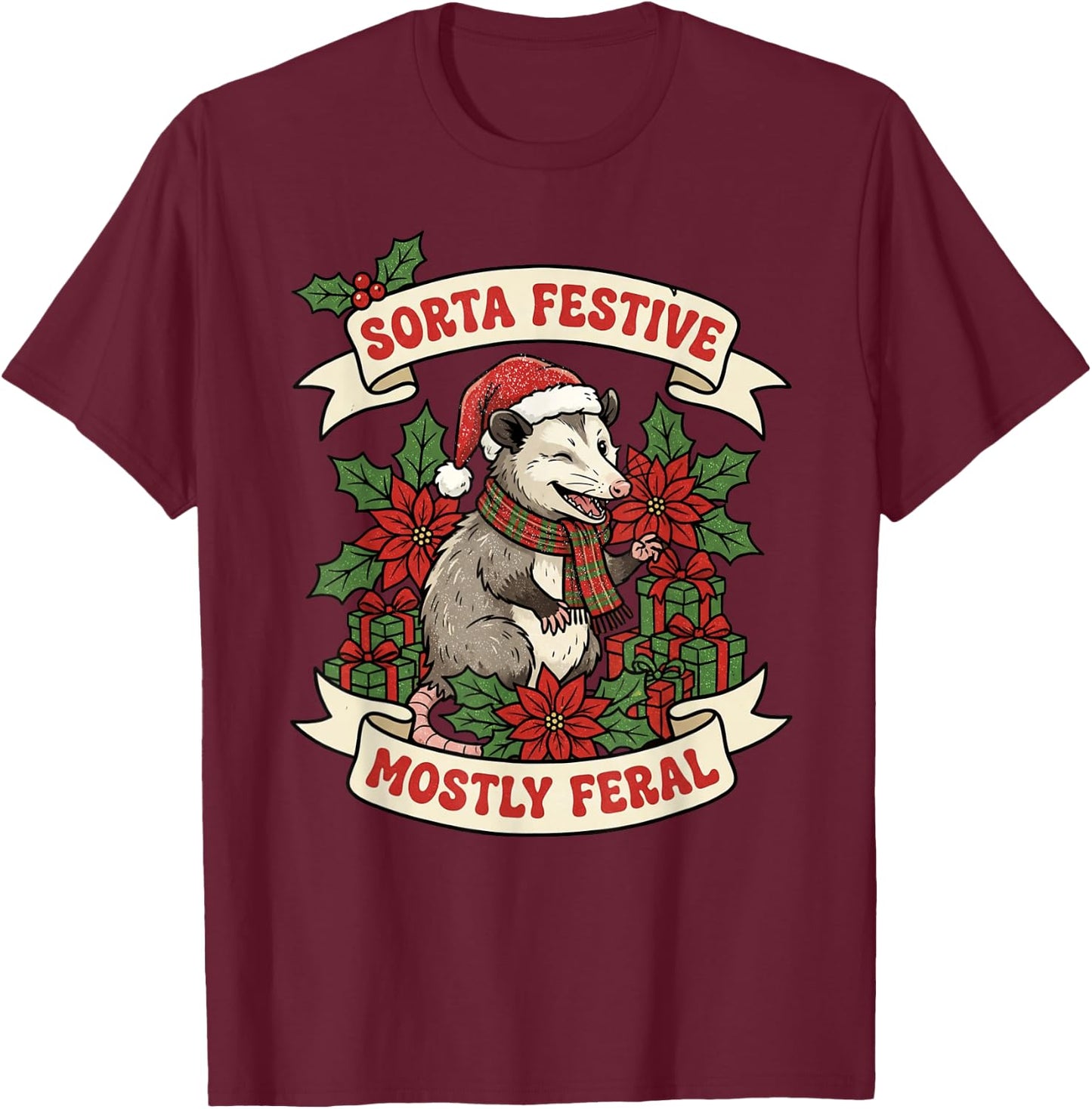 Sorta Festive Mostly Feral Opossum Funny Christmas Holiday T-Shirt - T-Shirt | Maroon