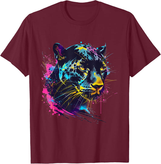Panther Portrait Panther Lover Colourful Artwork Wildlife T-Shirt - T-Shirt | Maroon