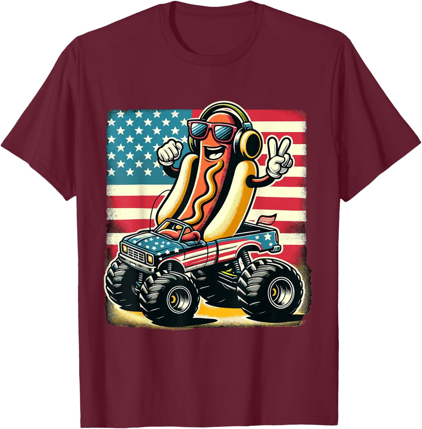 Monster Truck 4th Of July Hotdog Peace Sign American Flag T-Shirt - T-Shirt | Maroon